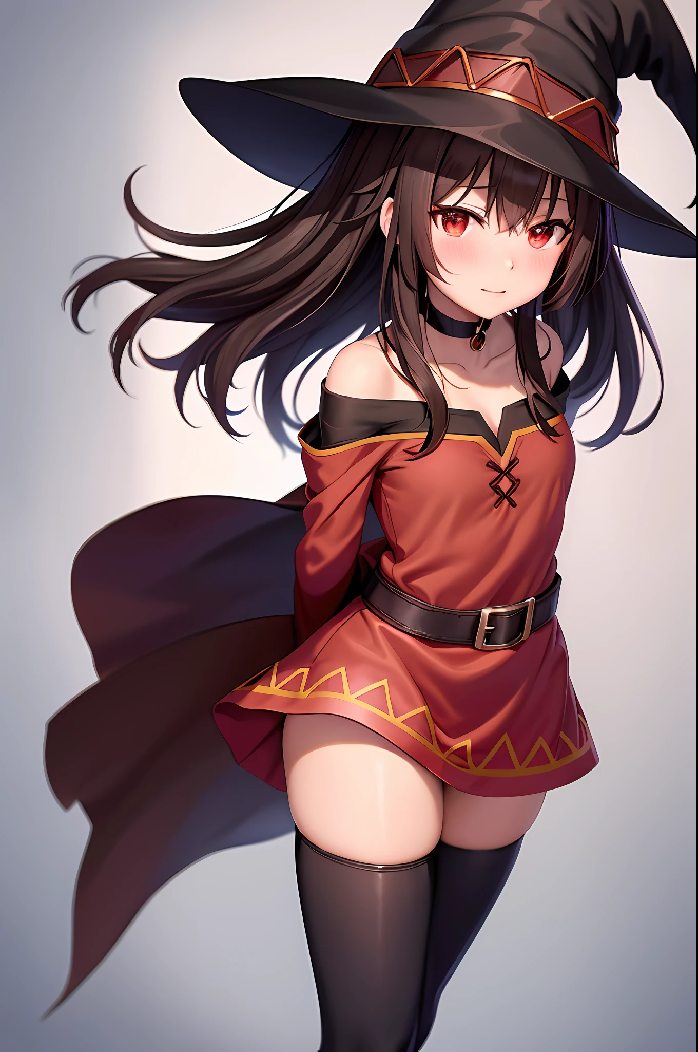 megumin, kono subarashii sekai ni shukufuku wo!, 1girl, solo, standing, looking at viewer, hat, witch hat, brown hair, short hair with long locks, red eyes, blush, evil grin, black choker, collarbone, flat chest, off-shoulder dress, dress, red dress, brown cape, long sleeves, black gloves, fingerless gloves, belt, brown belt, gold trim, zettai ryouiki, skindentation, (asymmetrical legwear:1.4), mismatched legwear, (bandaged leg:1.3), black thighhighs, (arms behind back:1.3), 

(forest:1.4)