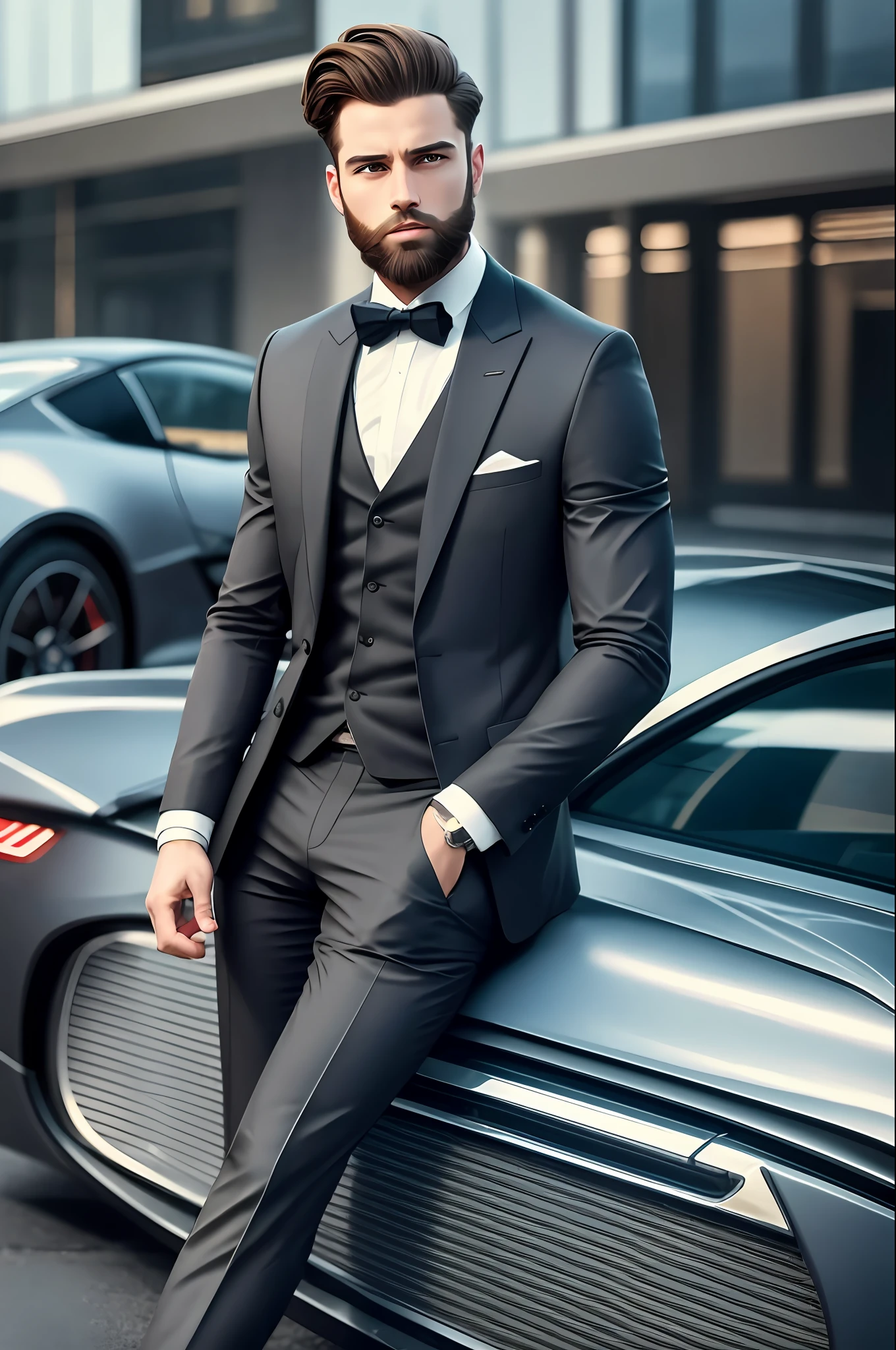 Well brunette young man with beard short hair in suit in front of a luxurious and sporty car, 4K ultra realistic cinematic image --auto --s2