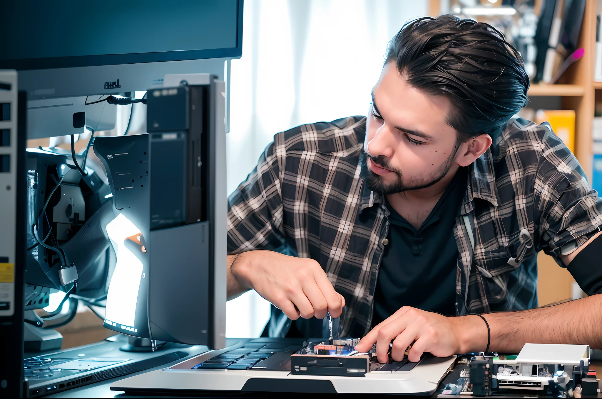 arafed man working on a computer with a broken cpu, disassemble the computer, it specialist, creative coder with a computer, using his desktop pc, repairing the other one, computer components, computer parts, broken computers and cables, digitally enhanced, custom computer, desktop computer, in front of a computer