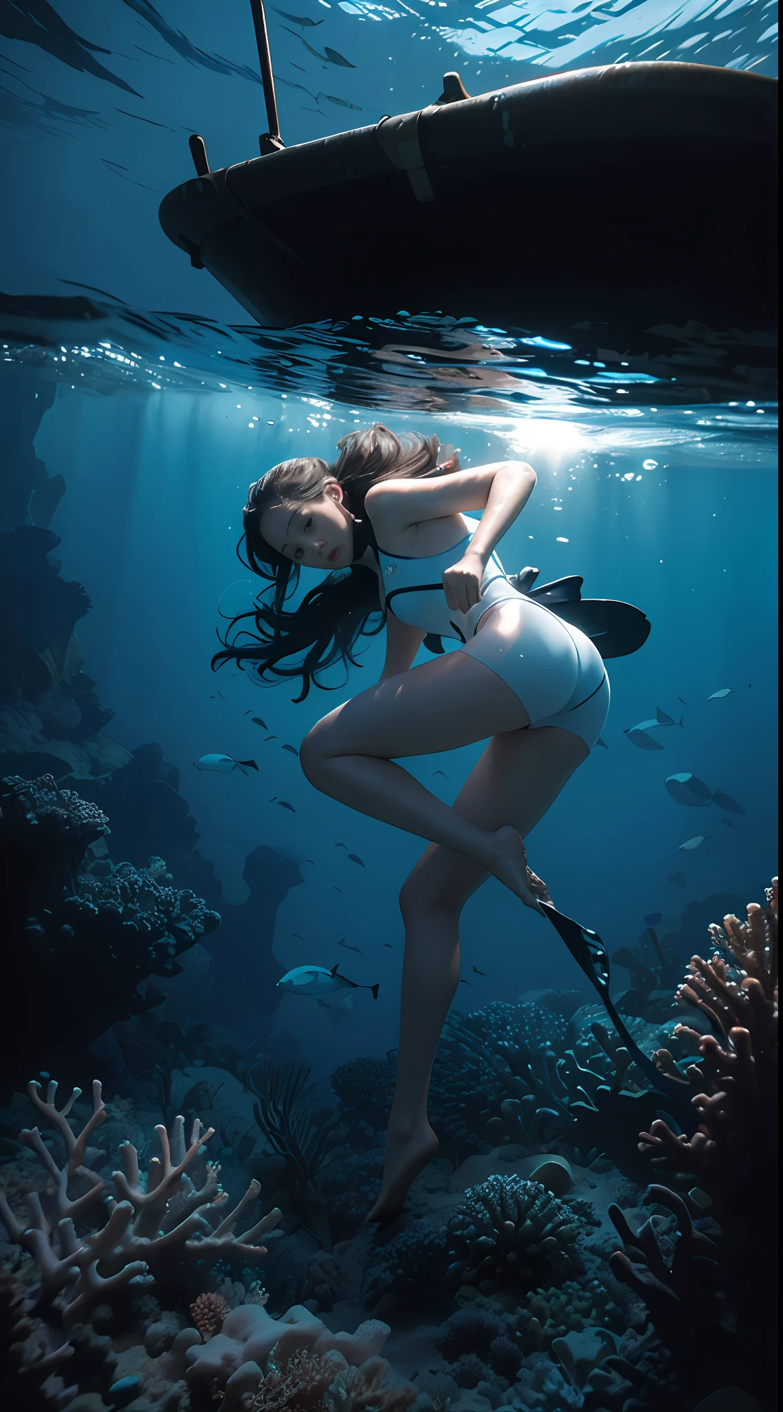 Solo, Deep Sea, Coral Reef, Freediving, White Wetsuit, Night Dive, Moonlight, Weightlessness, ((Best Quality, 8k, Masterpiece: 1.3)), Low Angle, Backlit, One Woman, Long Hair, Crawl, Underwater Photography, Underwater Perspective, Underwater Perspective, Underwater Floating, Sleeveless