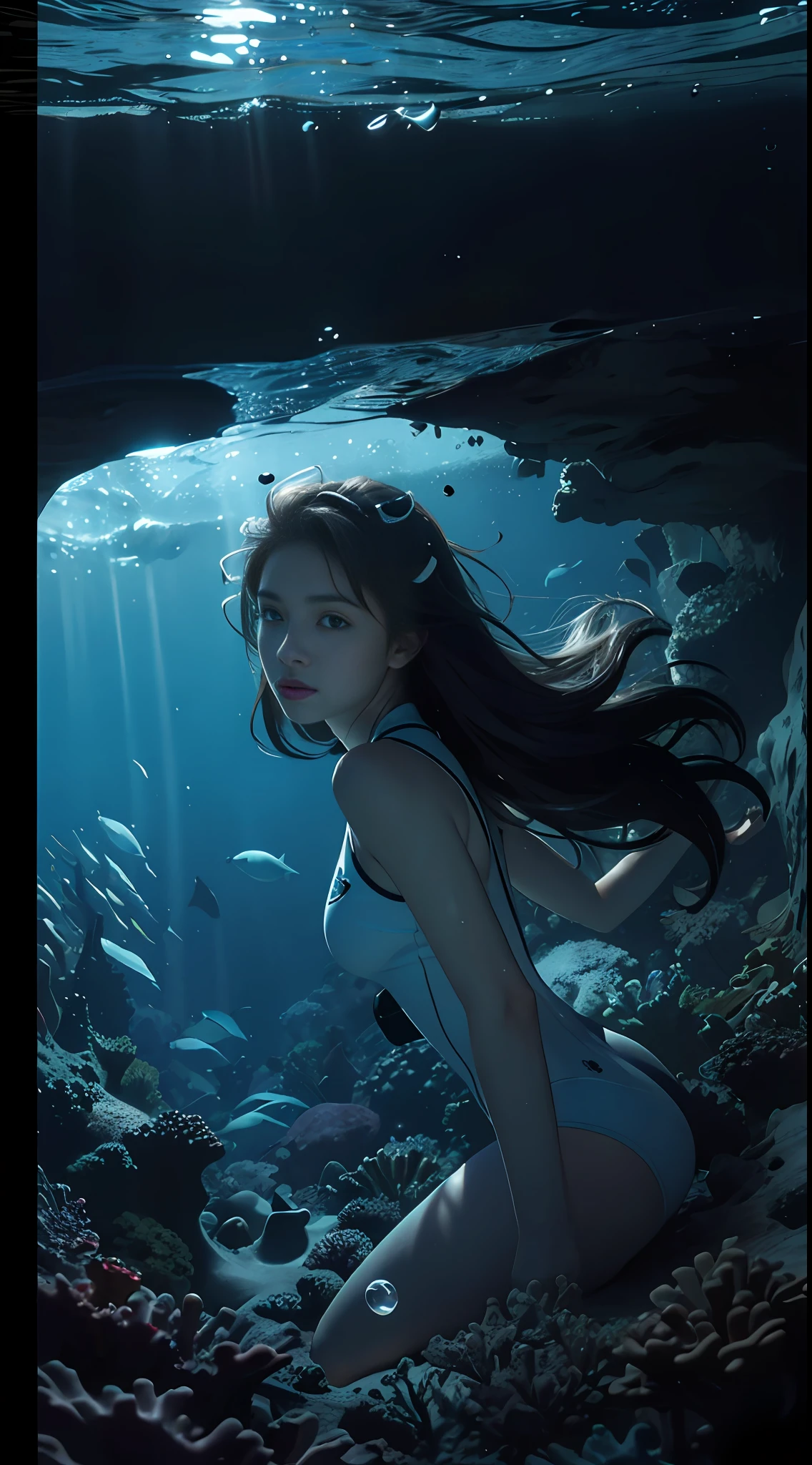 Solo, Deep Sea, Coral Reef, Freediving, White Wetsuit, Night Dive, Moonlight, Weightlessness, ((Best Quality, 8k, Masterpiece: 1.3)), Low Angle, Backlit, One Woman, Long Hair, Crawl, Underwater Photography, Underwater Perspective, Underwater Perspective, Underwater Floating, Sleeveless