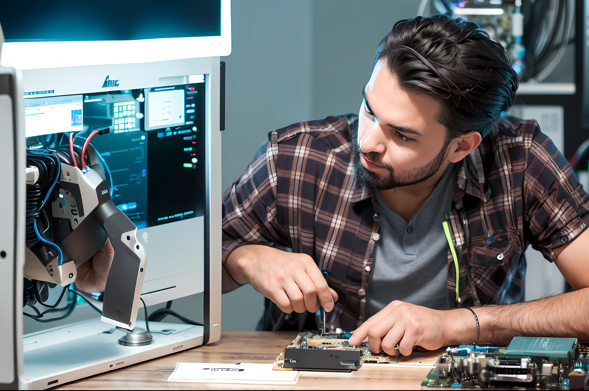 arafed man working on a computer with a broken cpu, disassemble the computer, it specialist, creative coder with a computer, using his desktop pc, repairing the other one, computer components, computer parts, broken computers and cables, digitally enhanced, custom computer, desktop computer, in front of a computer