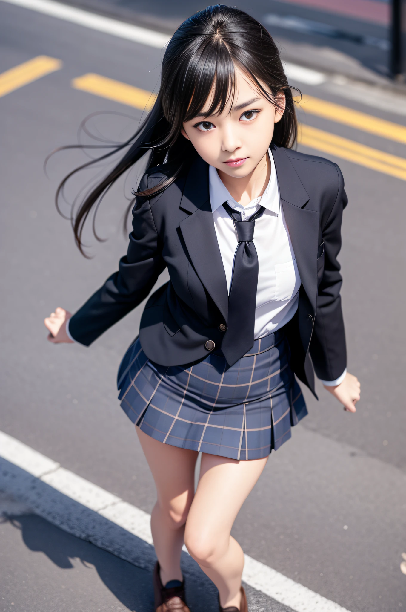 Move the center of gravity back, put your hands forward from both legs, put both feet in the circle of hands, quite embarrassing, panties, thin legs, tight skirt, standing, sidewalk, RAW photo, 8K, highest quality, super high resolution, beautiful face in every detail, realistic human skin, gentle expression, front view, angle from below, long hair, realistic, photorealistic, cute, short skirt, stand deep in the city, Cute schoolgirl, wearing Japan schoolgirl uniform, surreal schoolgirl, full body, empty-handed, 1 girl, holding skirt, flipping skirt