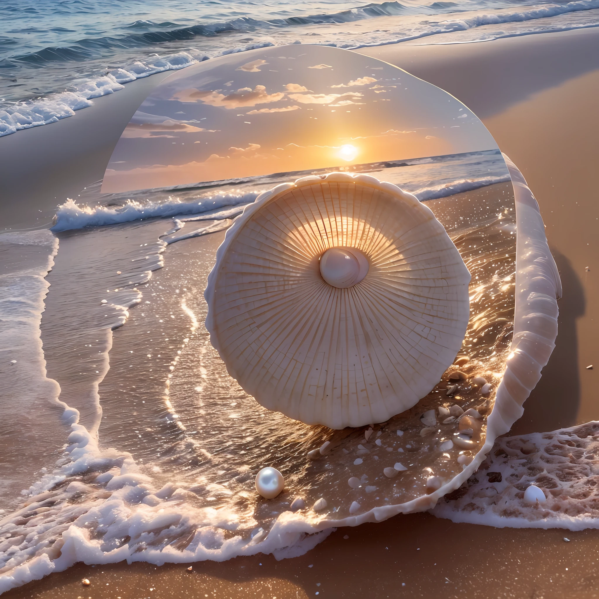 Perfect art, a realistic sea shell with a pearl inside, on the beach sand near the sea foam in a wonderful sunset, realistic image enlarged image,