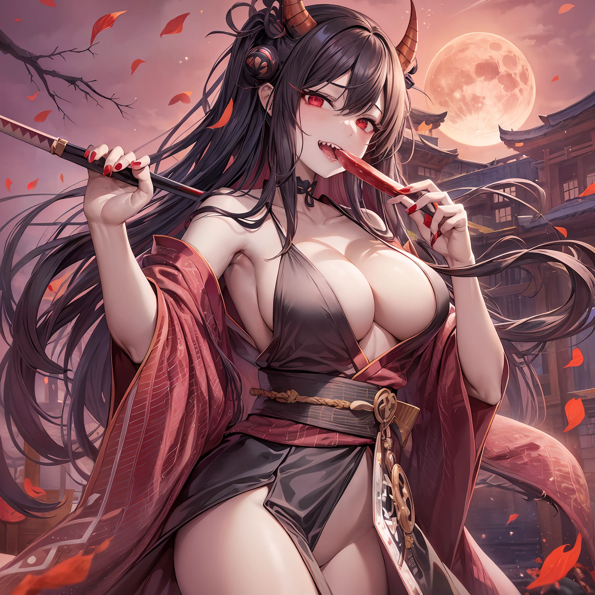 kamado nezuko, 1girl, slit pupils, sharp teeth, vampire, veins, blood, big breasts, ((aged up)), brown hair, buckle, cleavage, collarbone, big breasts, cowboy shot, dutch angle, fingernails, full moon, gradient hair, holding, holding sword, holding weapon, horns, japanese clothes, kimono, large breasts, licking, licking blood, licking hand, long hair, looking at viewer, moon, multicolored hair, night, obi, oni horns, open clothes, open kimono, orange hair, red eyes, red nails, sash, sharp fingernails, single horn, solo, standing, underwear, very long hair, weapon, white belt, ((masterpiece))