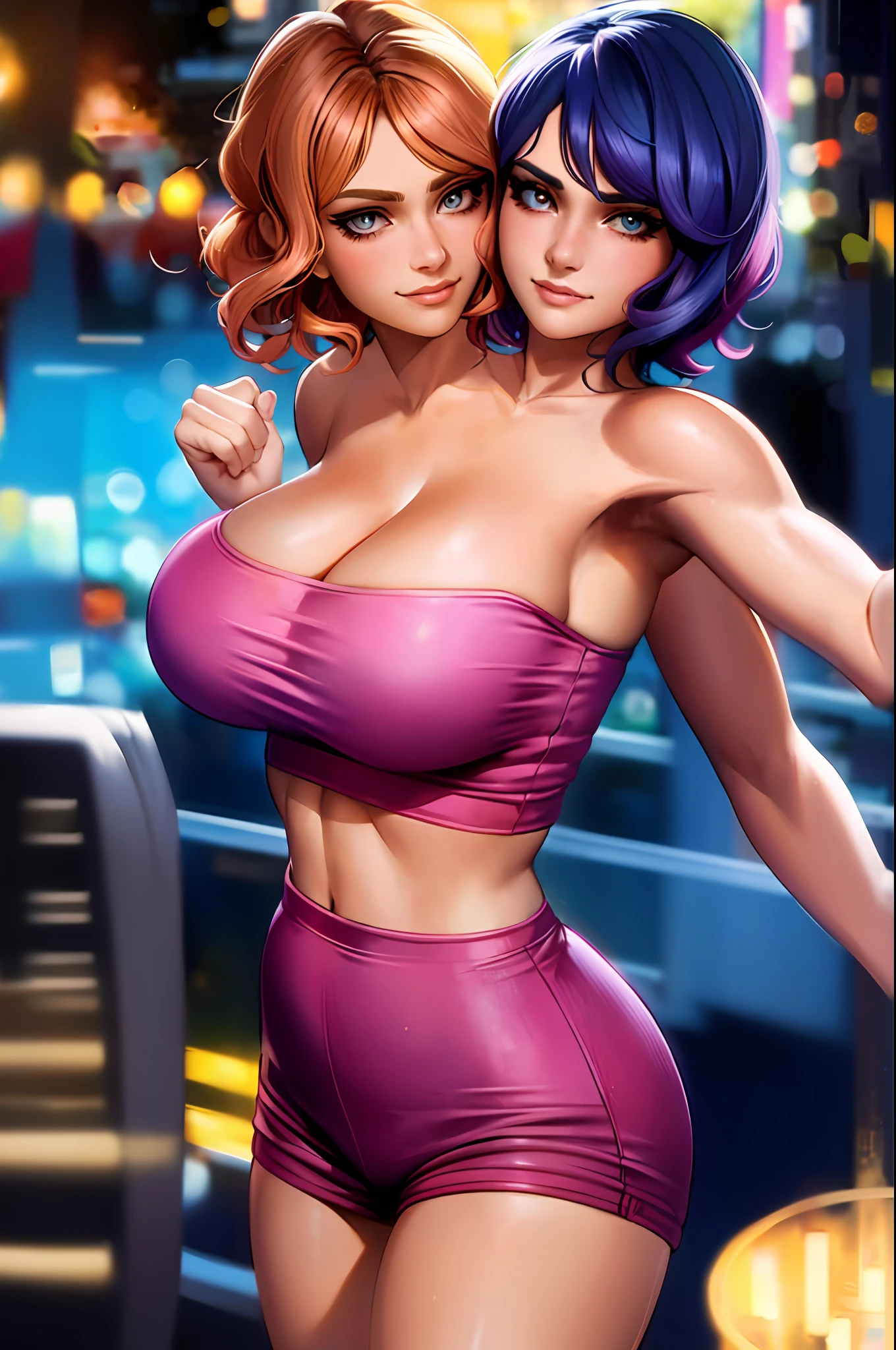 2heads, conjoined, no less than two heads, multiple breasts, three breasts, double cleavage, (masterpiece:1.2, best quality1:1, ultra-detailed:1.2, best shadow, 8k:1.1), (massive city:1.3, rooftop:1.1, city structures below, handrails), (contrasting background, bright background), (beautiful detailed face), high contrast, (perfect illumination:1.2, beautiful color, delicate color), ((cinematic light)), colorful, hyper detail, dramatic light, intricate details, (2 girls, solo, different hair colors and hairstyles, smiling face, short hair, wavy hair:1.1, hazel eyes, dynamic angle, pink tanktop, dixie dukes, cowboy shot, arms down), depth of field, no more than two arms