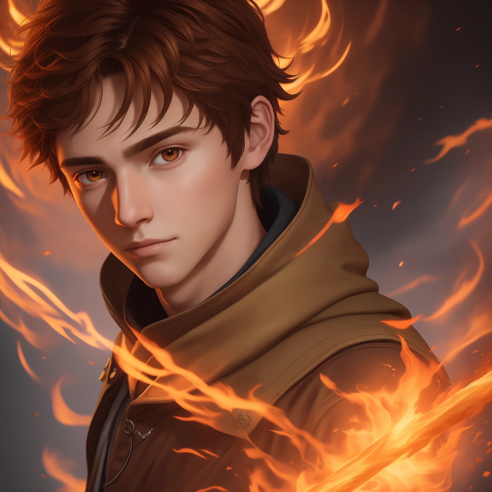 A portrait of a young -yeld fiwizard boy, brown hair, brown eyes, simple wizard clothes, fire hands, octane render, full body, 8k, UHD, artstation