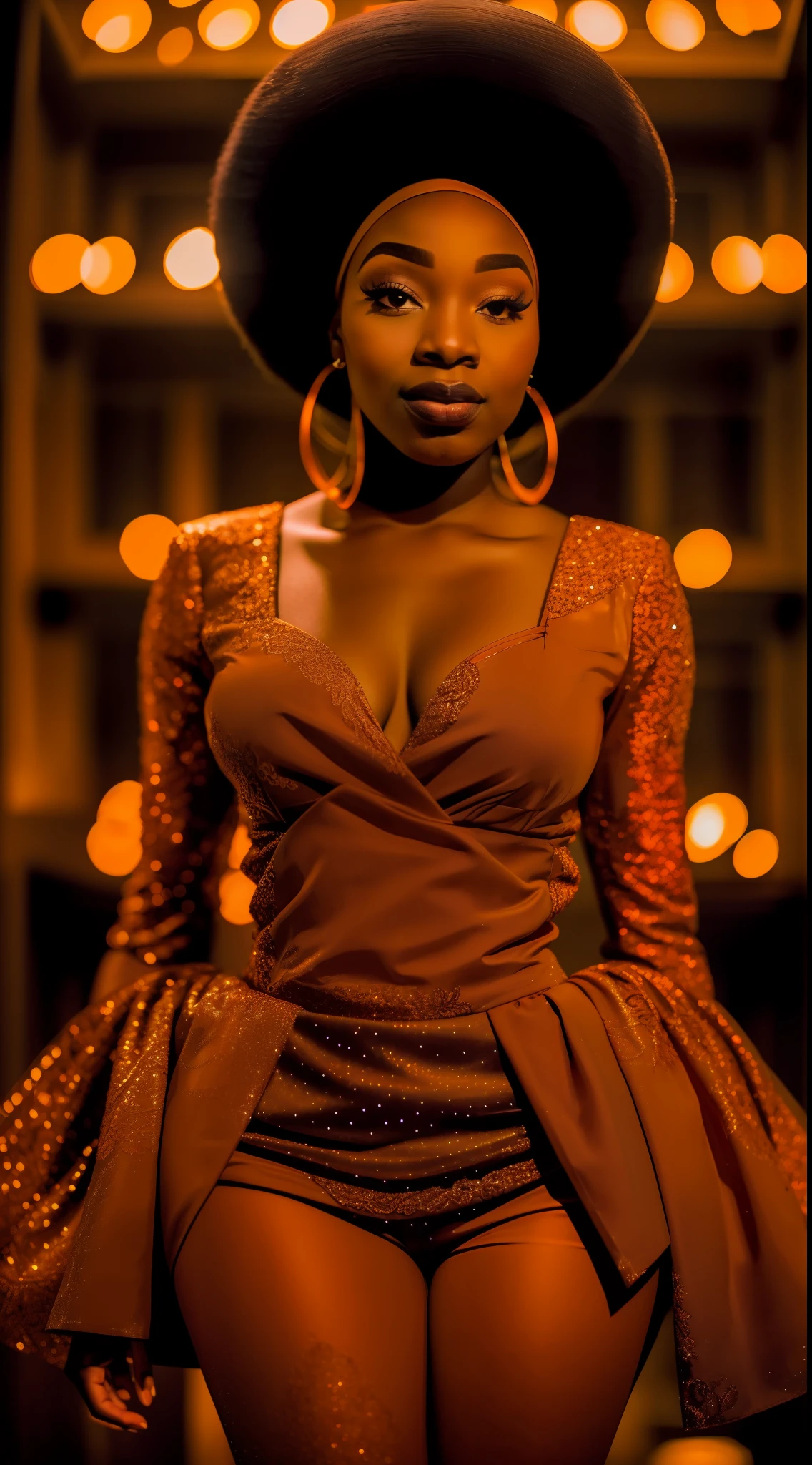 a black woman wearing elegant party clothes, with orange lights in the background, intricate details, low key