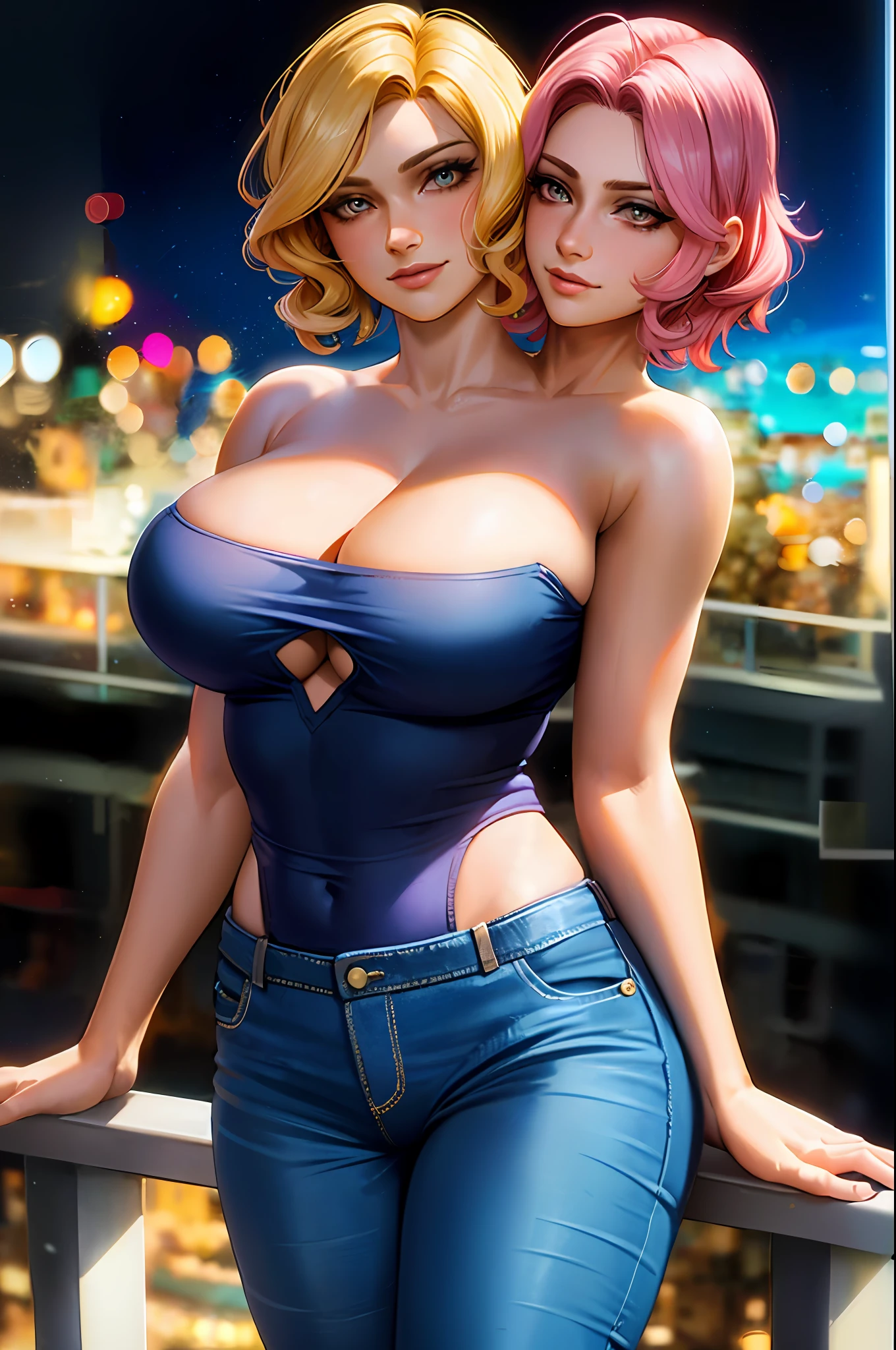 2heads, conjoined, multiple breasts, double cleavage, (masterpiece:1.2, best quality1:1, ultra-detailed:1.2, best shadow, 8k:1.1), (massive city:1.3, rooftop:1.1, city structures below, handrails), (contrasting background, bright background), (beautiful detailed face), high contrast, (perfect illumination:1.2, beautiful color, delicate color), ((cinematic light)), colorful, hyper detail, dramatic light, intricate details, (2 girls, solo, different hair colors and hairstyles, smiling face, short hair, wavy hair:1.1, hazel eyes, dynamic angle, pink tanktop, jeans, cowboy shot, arms down), depth of field, no more than two arms