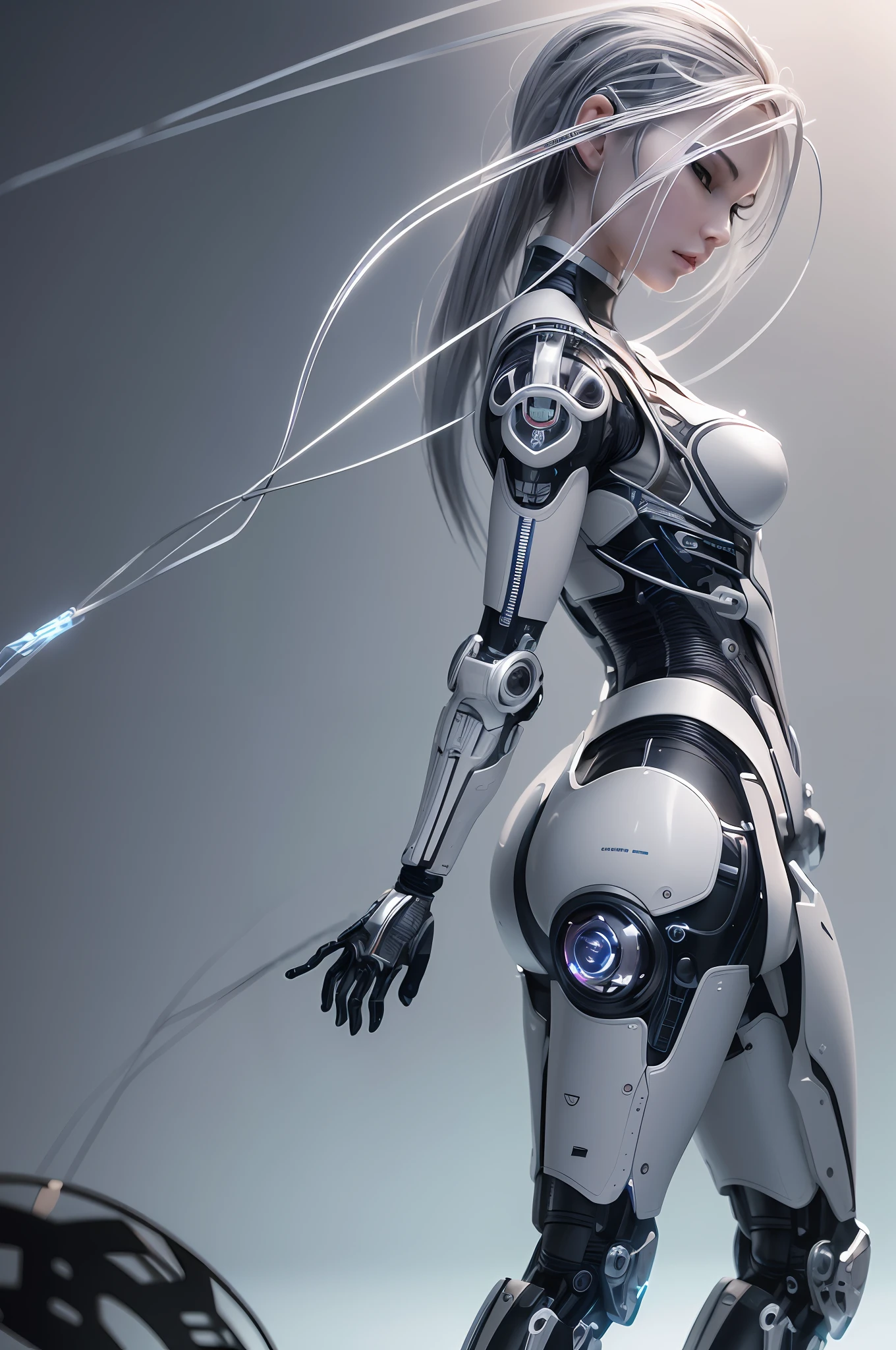 Complex 3d rendering super detail beauty android face, cyborg, robot parts, black metal mesh skin, worn whitewashed steel skin, 150mm lens, beautiful studio light, rim light, vivid details, gorgeous cyberpunk, lace, hyperrealistic, anatomical, facial muscle, cable wire, microchip, Top quality, masterpiece, very delicate and beautiful, very elaborate, CG, unity, wallpaper, (lifelike, photorealistic: 1.37), wonderful, fine, masterpiece, top quality, official art, very elaborate CG Unity wallpaper, robot, full body, standing --auto --s2