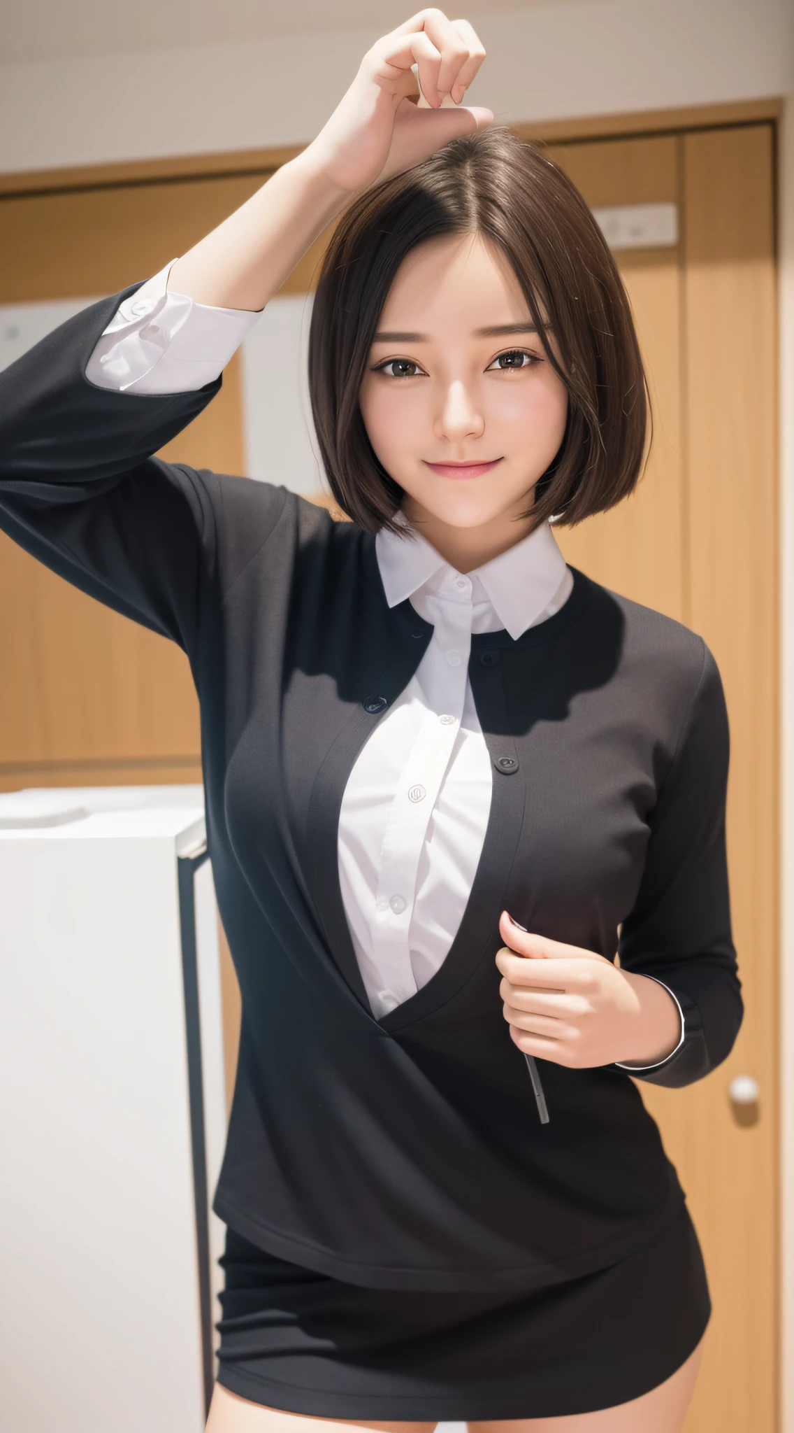 (8k, RAW photo, best quality, masterpiece: 1.2), (realistic, realistic: 1.37), ultra-high resolution, photon mapping, radiosity, physically based rendering, 1 Girl,, (brunet: 1.3), detailed face, detailed eyes, huge breasts, shiny skin, (pureerosface_v1:1.0), standing,looking at the audience, (laughing cute: 1.2), (happy), healing cute, (classroom: 1.2), (Night: 1.2), (Dark Theme: 1.5),JK style,JK long-sleeved shirt ,JK skirt,JK suit,JK short-sleeved shirt,JK tie,