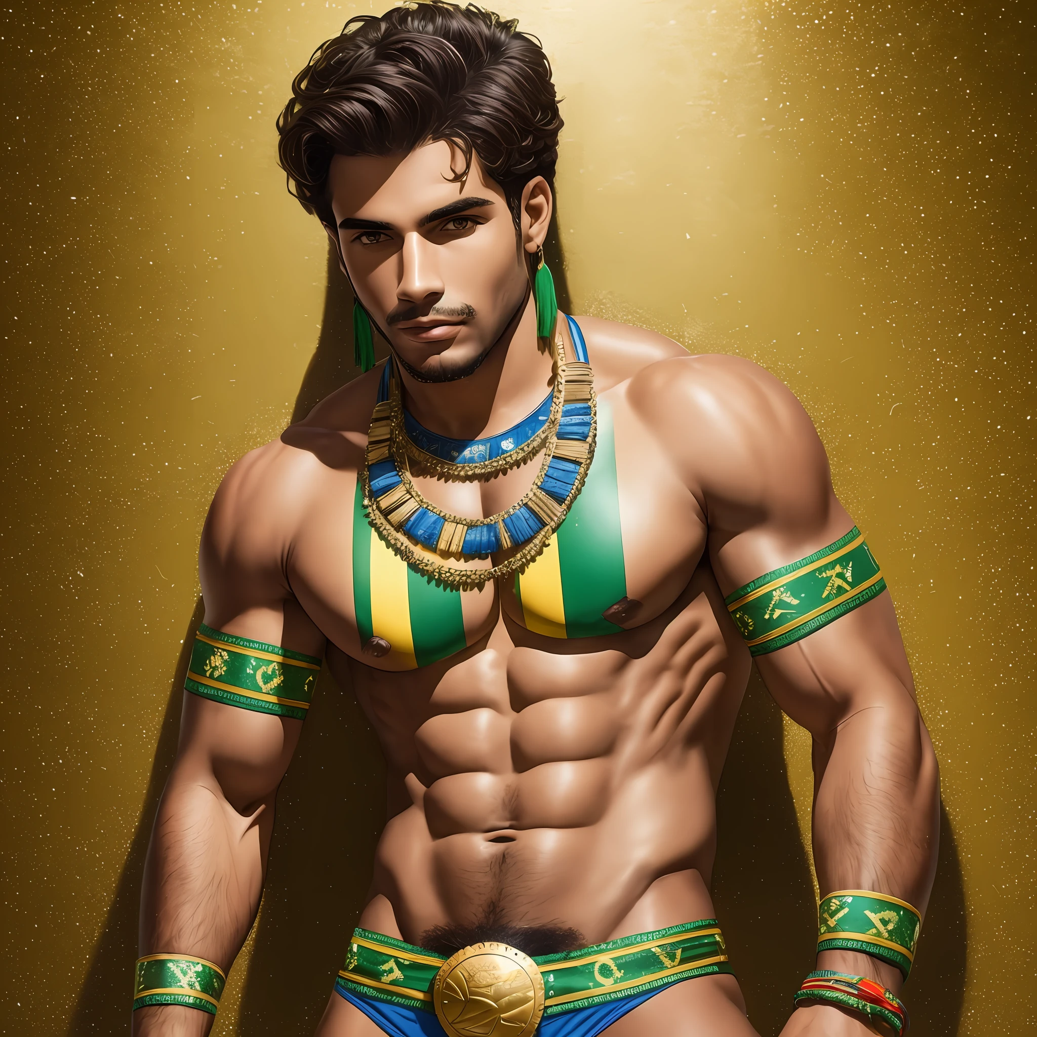 MAN, BRAZIL, REPRESENTATION, BRAZILIAN FLAG, SWIMWEAR, SEXY, INDIGENOUS TRAITS, BRUNETTE, REPRESENTATION BRAZILIAN MAN, 8K, INTRICATE DETAILS, PROFESSIONAL LIGHTING, BEST QUALITY --auto --s2
