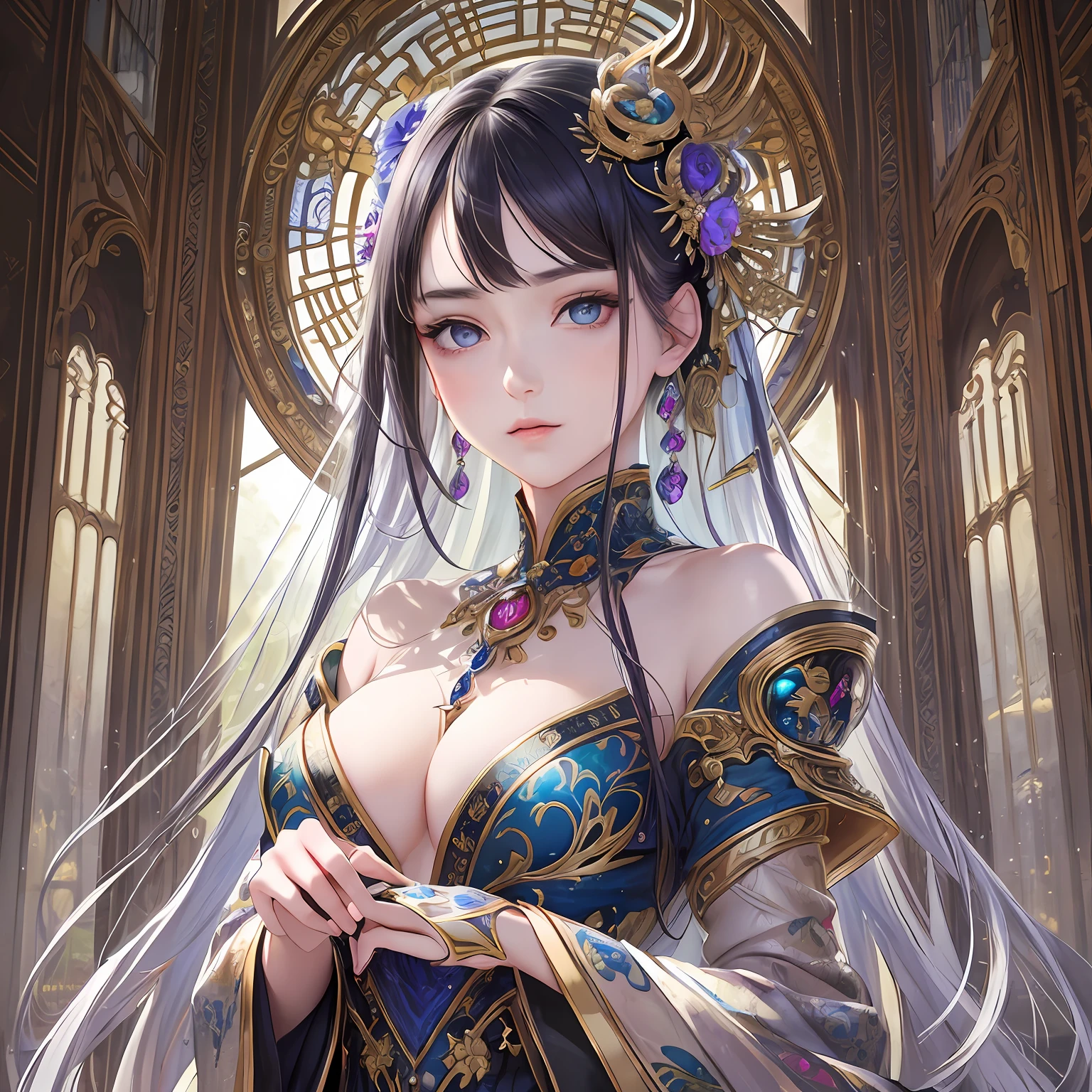 ((best quality)), ((masterpiece)), ((realistic)), ((beautiful artwork)), A mesmerizing girl with detailed eyes, featuring a combination of heterochromatic and multicolored irises, enhanced by a luminous quality. Her graceful form is adorned with intricate mechanical arms, showcasing a stunning level of detail and craftsmanship, by Takehino Inoue}, on eye level, scenic, (masterpiece)