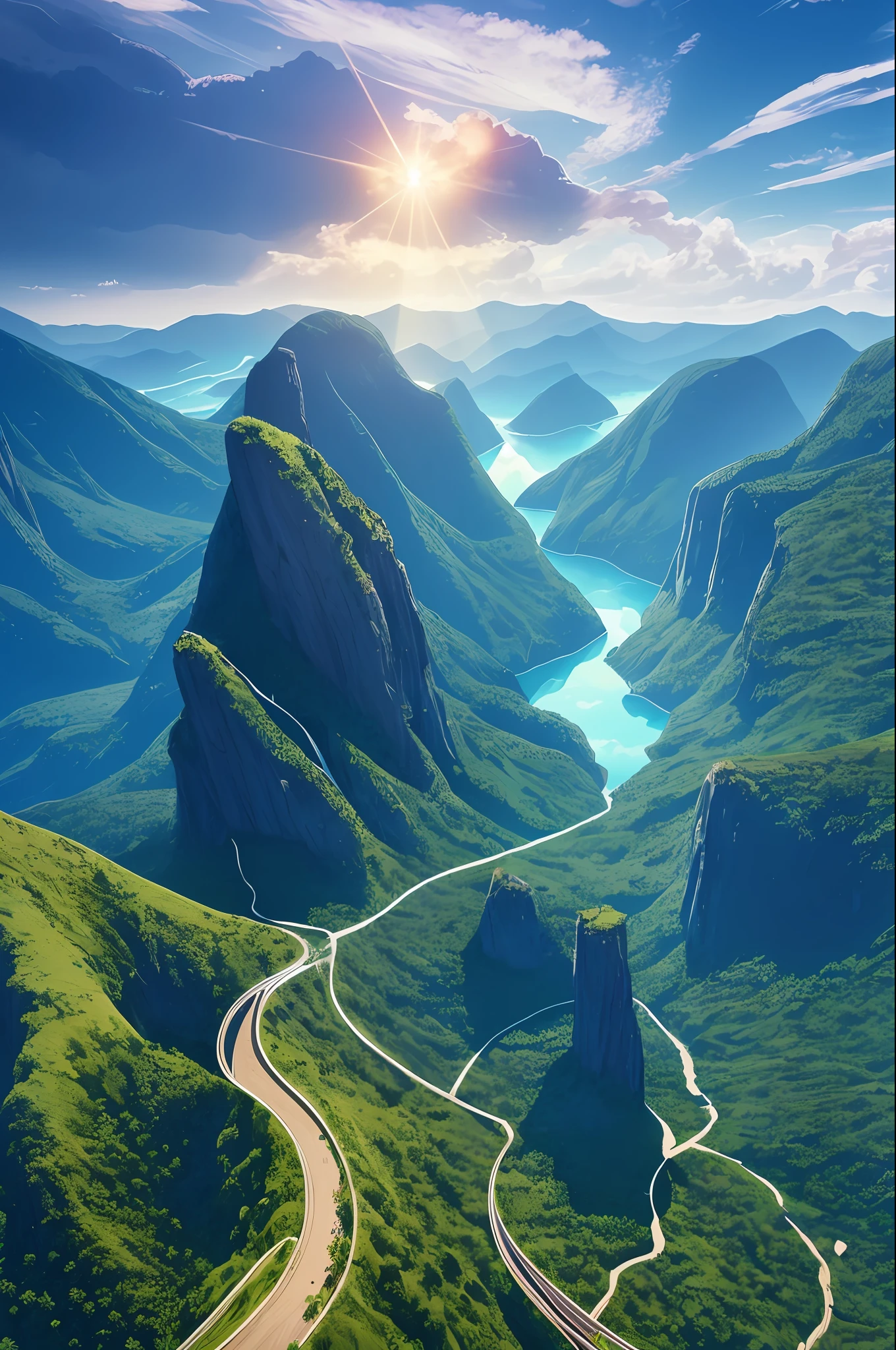 masterpiece, best quality, high quality, extremely detailed CG unity 8k wallpaper, scenery, outdoors, sky, cloud, day, no humans, mountain, landscape, water, tree, blue sky, waterfall, cliff, nature, lake, river, cloudy sky,award winning photography, Bokeh, Depth of Field, HDR, bloom, Chromatic Aberration ,Photorealistic,extremely detailed, trending on artstation, trending on CGsociety, Intricate, High Detail, dramatic, art by midjourney --auto --s2