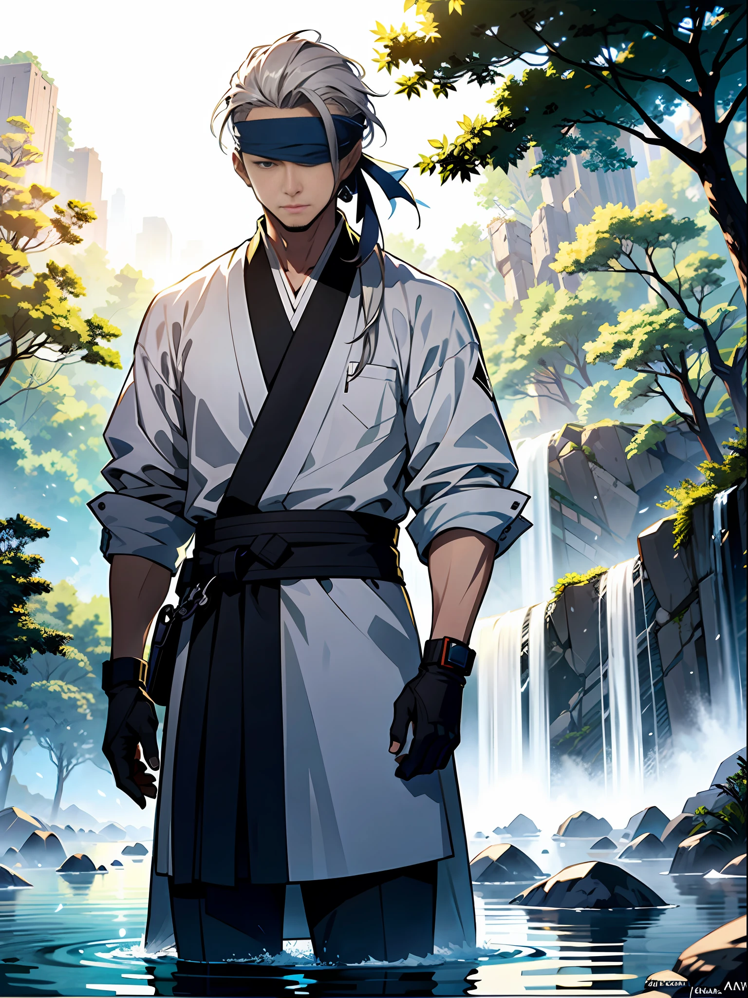 Long grey haired man, ((blindfold)), sixpack, wearing white robe, white gloves, facing the camera, half-body shot, standing on the forest, waterfall, a small river flowing beside him, beautifull sun lighting, ((masterpiece quality)), eastern martial artist, wuxia vibe, light novel illustration, extremly detailed face, art style by krenz cushart + akihiko yoshida, trending in art station,