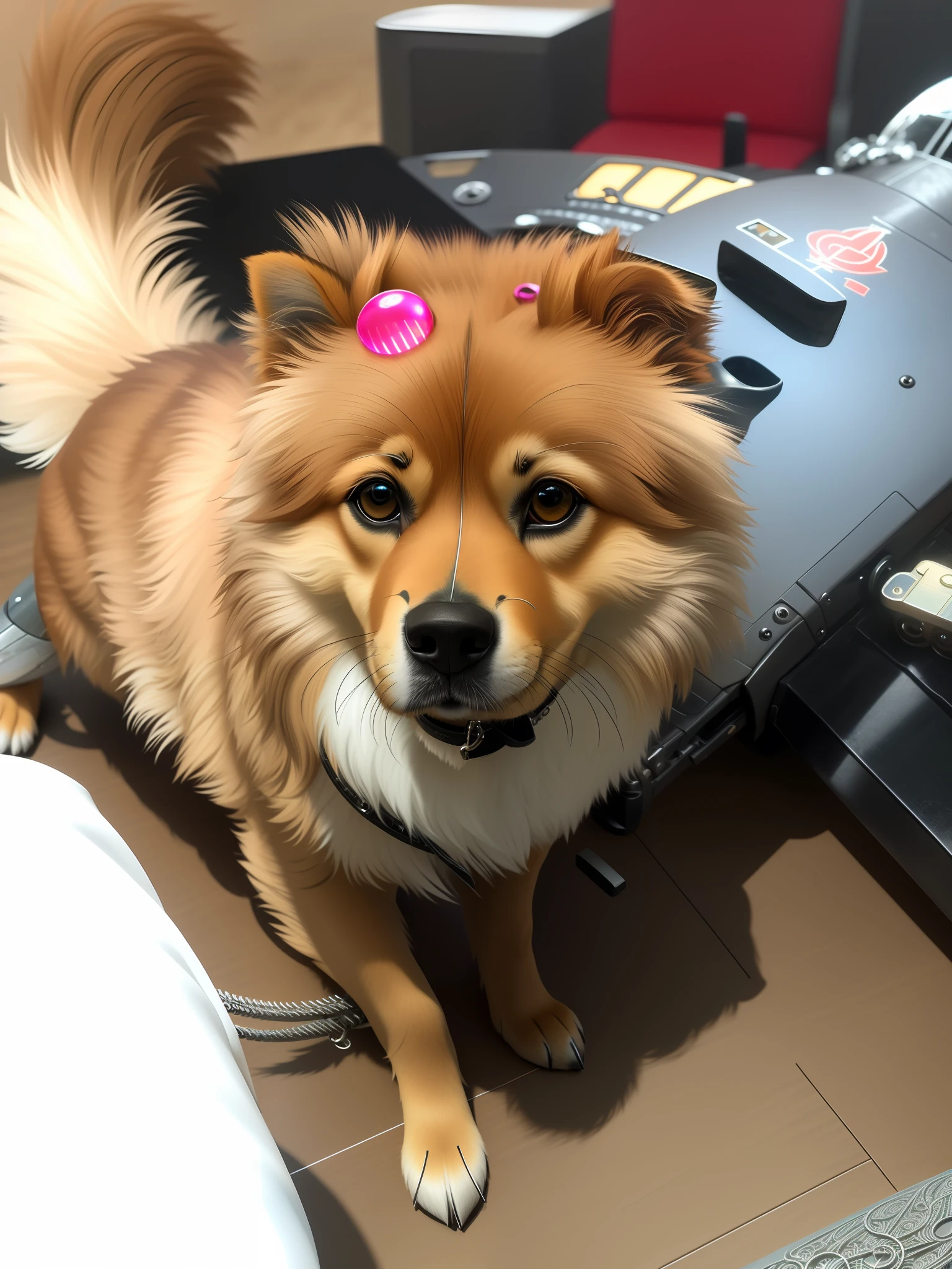 A beautiful dog made of metal, (cyborg:1.1), ([tail | detailed wire]:1.3), (intricate details), HDR, (intricate details, hyperdetailed:1.2), cinematic plane, vignette, centered