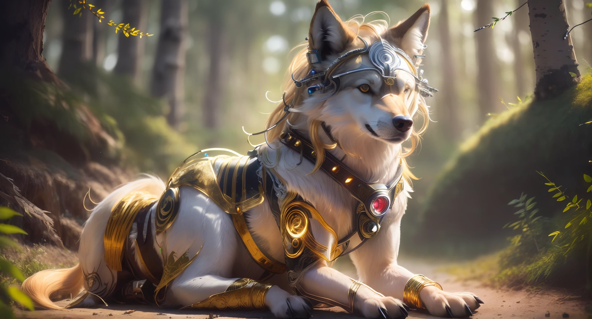(a wild wolf,(cyborg:1.1), Golden Hair, master piece, ([tail | detailed wire]:1.3), (intricate details), hdr, (intricate details, hyperdetailed:1.2), cinematic shot, Realistic, centered, (Blur Background, Forest) Bamboo