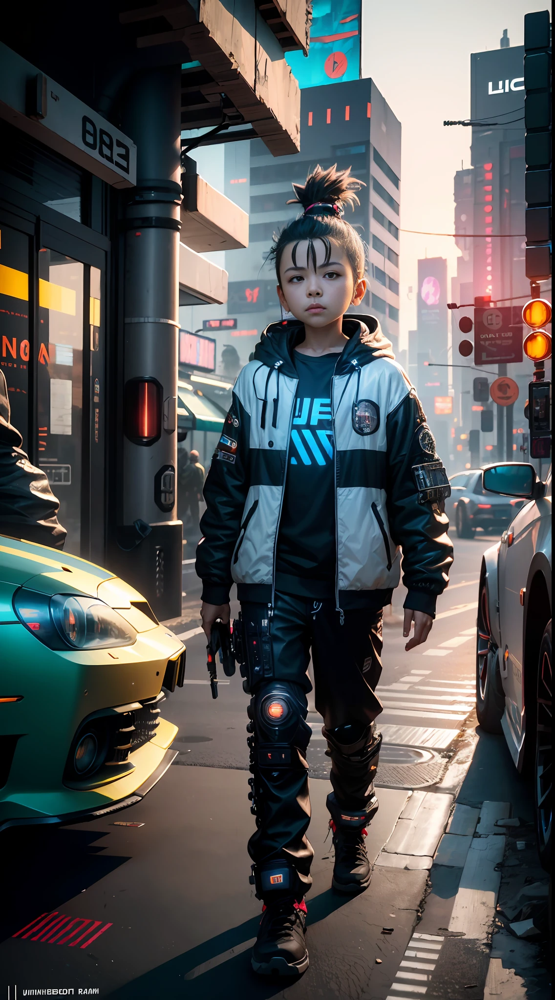 ((Best Quality)), ((Masterpiece)), (Highly Detailed:1.3), 3D, Little Boy, 12 years old, (cyberpunk:1.5), on the street, (holding_weapon:1.3), facing the audience, bright eyes, full body, glowing_eyes, mecha, panorama, f/1.4 lens, cyberpunk background, luminous sign, bokeh background, road, cars, cinematic lights, particles, Reality, HDR (High Dynamic Range), Ray Tracing, NVIDIA RTX, Super Resolution, Unreal 5, Subsurface Scattering, PBR Textures, Post-Processing, Anisotropic Filtering, Depth of Field, Maximum Clarity and Clarity, Multilayer Textures, Albedo and Specular Maps, Surface Shading, Accurate Simulation of Light-Material Interaction, Perfect Proportions, Octane Render, Two-Tone Lighting, Large Aperture, Low ISO, White Balance, Rule of Thirds, 8K RAW, Efficient Sub-Pixel, Sub-pixel Volume Product, (best quality), (Liu Yi Fei: 1.5)