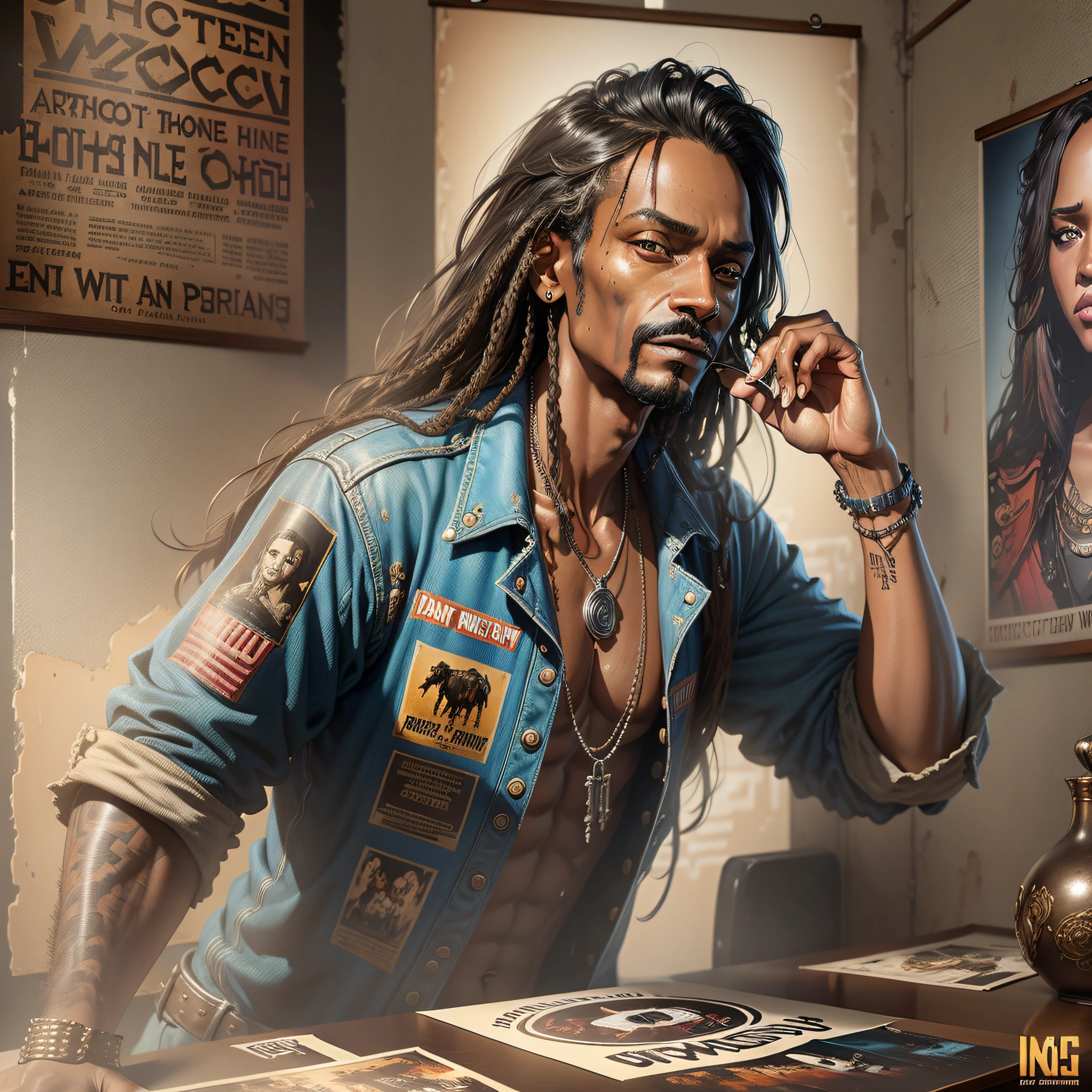Snoop dog, man, and Wild Wild West, vhs effect, (poster:1.6), poster on the wall, nostalgia, movie poster, western film (skin texture), intrinsically detailed, fine detail, hyperdetailed, raytracing, subsurface scattering, diffuse soft lighting, shallow depth of field, by (Oliver Wetter) trend in CGSociety, Intricate, High Detail, Sharp focus, dramatic, photorealistic painting art by greg rutkowski