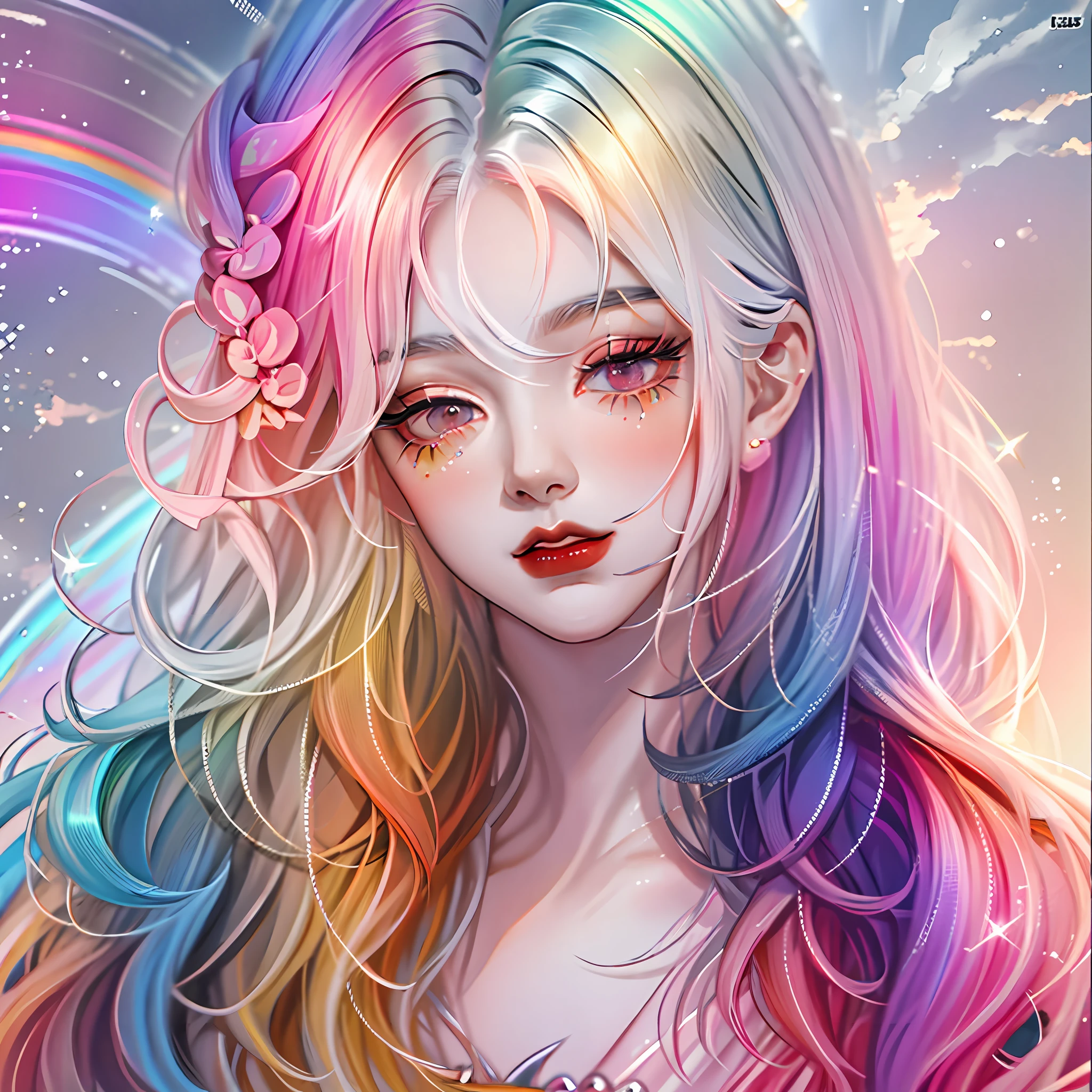 red lips, fashi-girl, idol, , multicolored_hair, rainbow_hair, grey_hair, best_quality, cute, semi-realistic, makeup