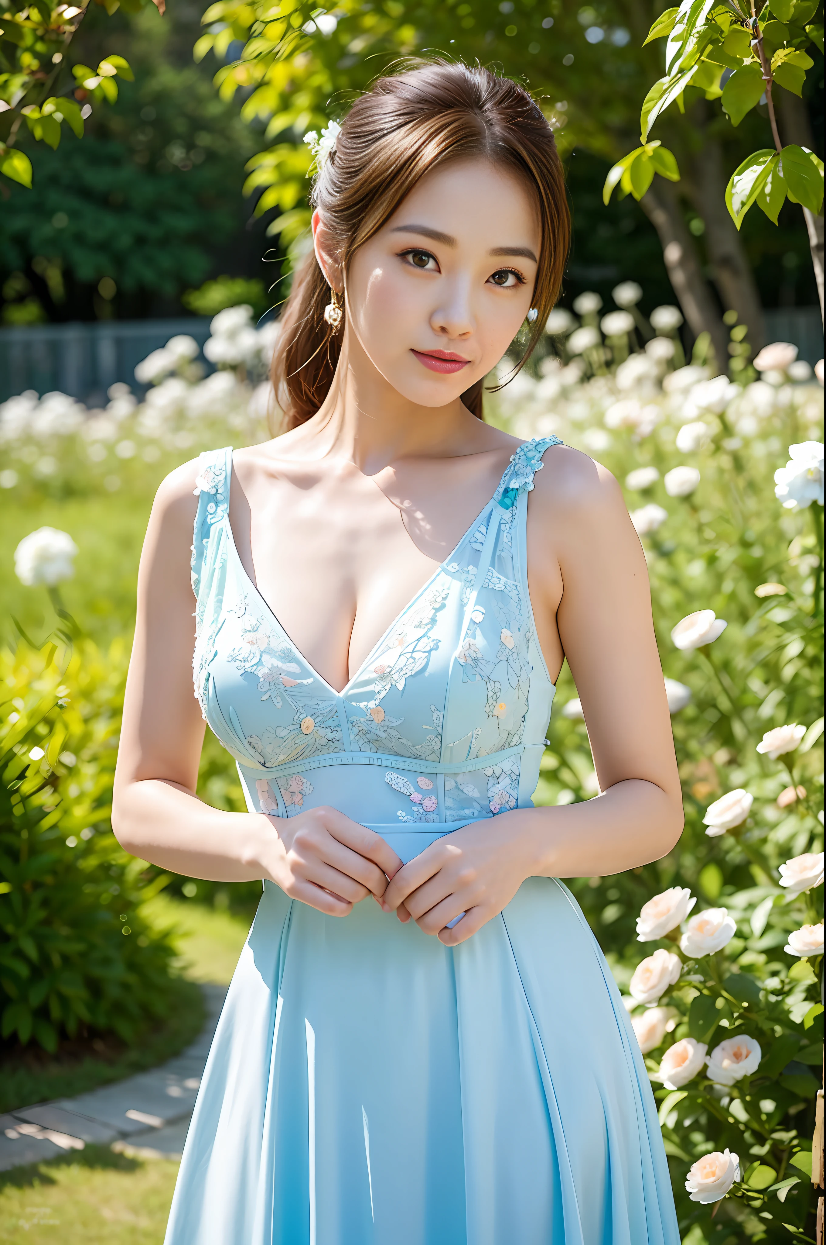 (Best quality, masterpiece: 1.2), portrait, breasts, outdoors, a 25-year-old woman named Yiping in the garden: 2, white thin summer long dress, light blue flowers in the background mess: 1.3) Same character, different costume, different angle, backlight: 1.5, rich skin details: 1.5,