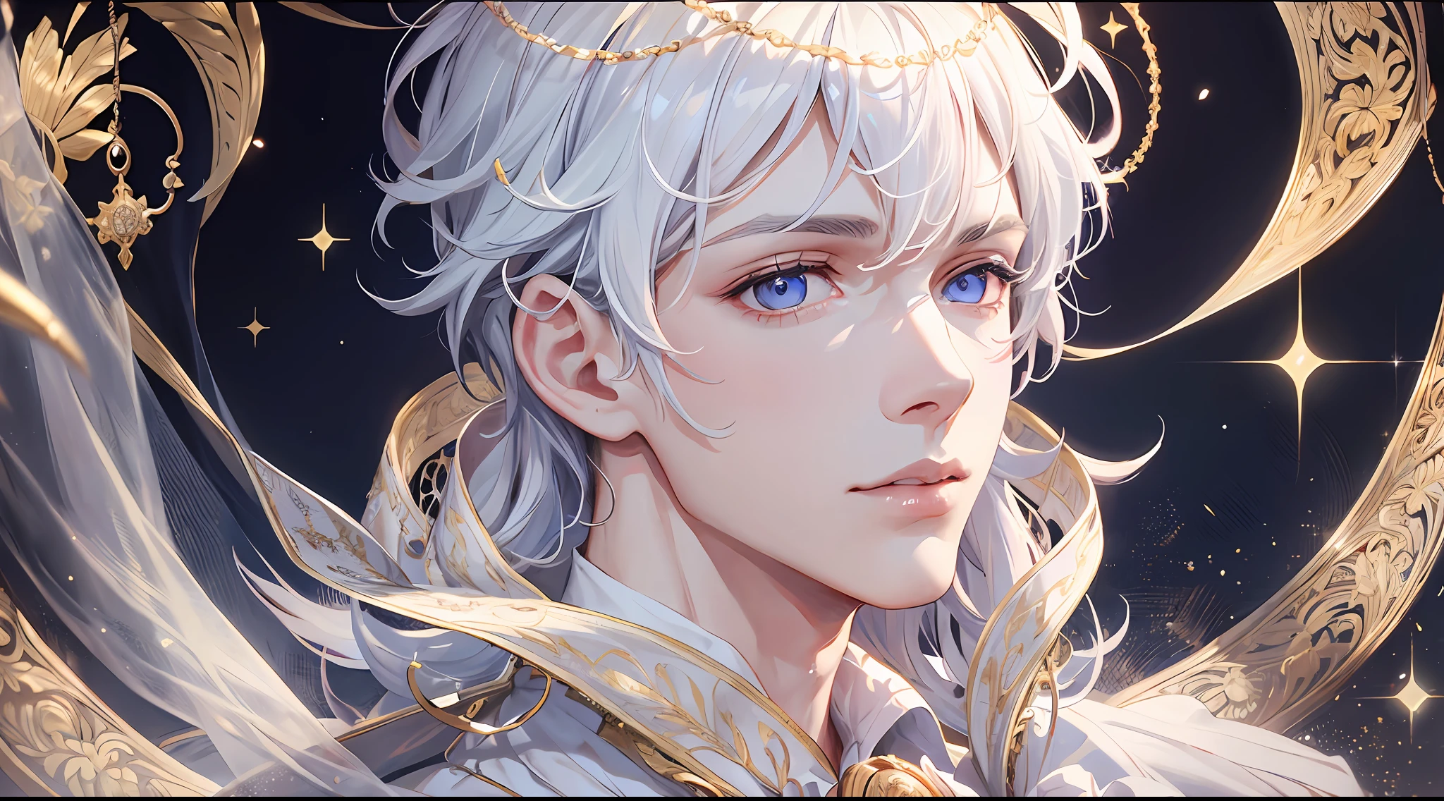 Prince, Young Man, Male, 1boy, Mature Male, Manly, portraying delicate eyes, Opal eyes, depicting delicate facial features, white uniform, white gloves, aristocratic dress, ribbon, medallion, extreme detail, delicate depiction, royalty, elegant, noble, royal dress, depth of field effect, background is palace, dramatic composition, dynamic pose, look at the camera