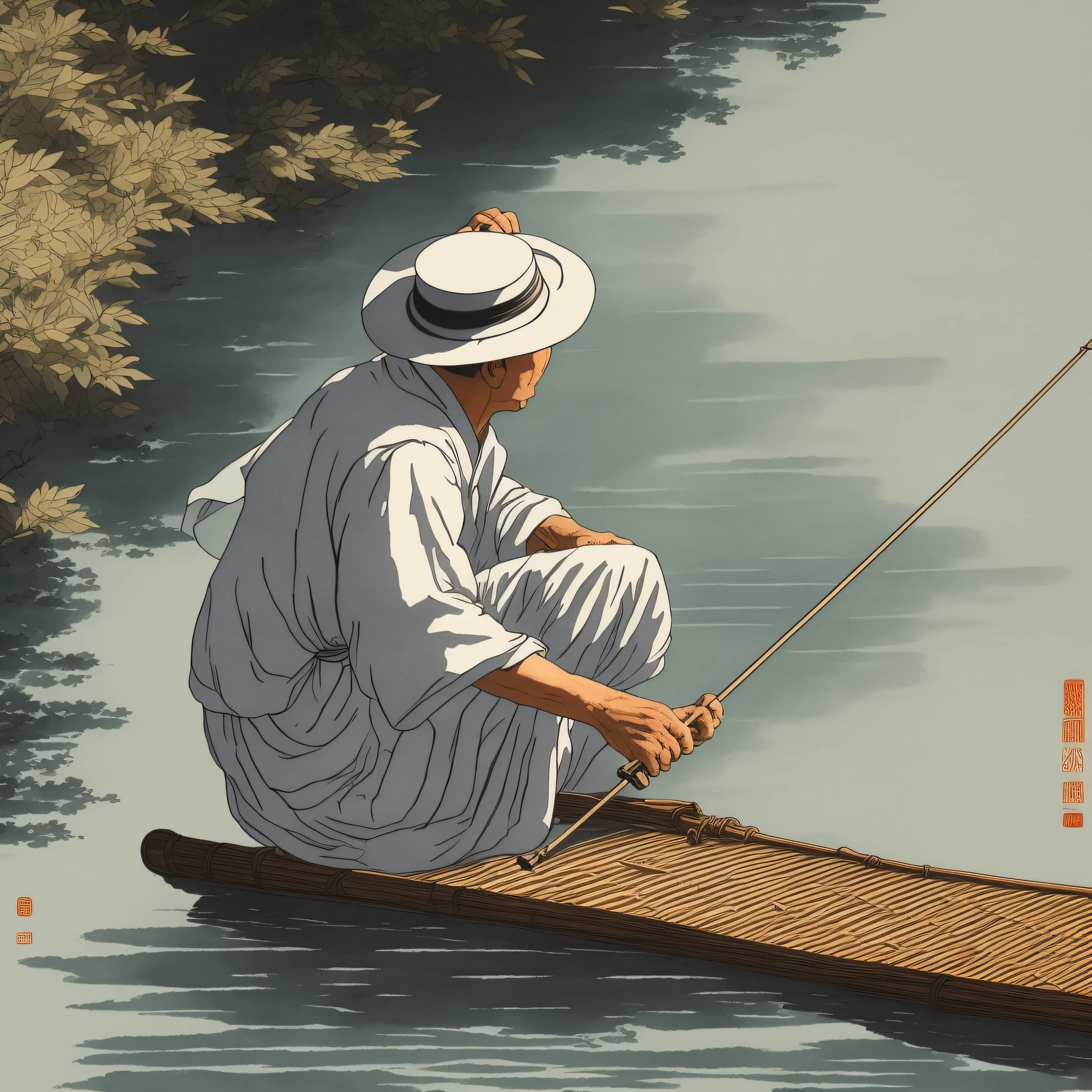 Traditional Chinese ink painting, Zen painting, an old Chinese man fishing, wearing a straw hat, a gown, straw shoes, sitting by the river hanging a fishing line. Hanging wicker, white space, HD, 4K, white space, freehand --auto --s2