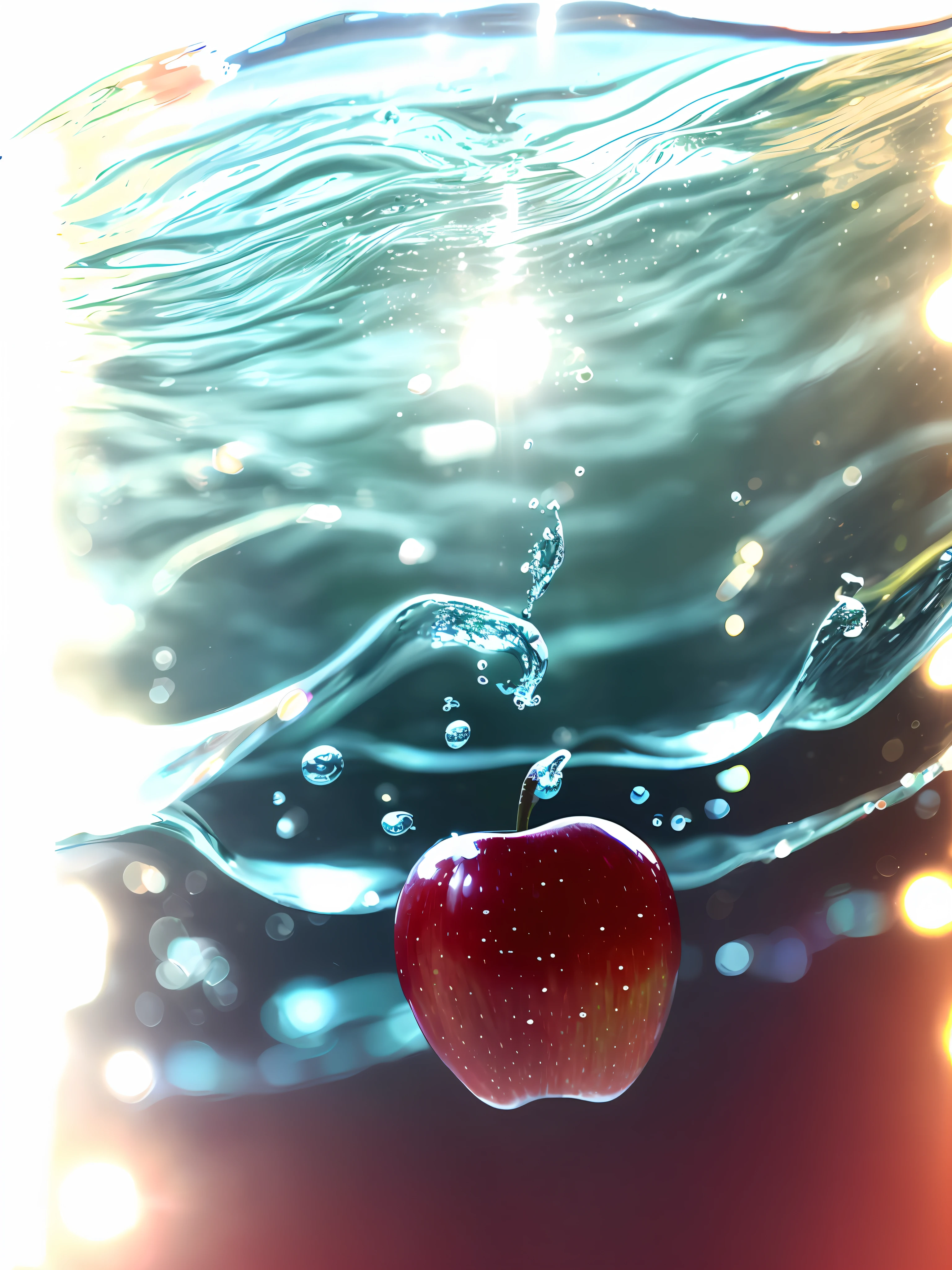 Epic movie poster, apple falling into water, bubbles, (partially submerged shot: 1.2), (waves: 0.9), trends on art station, very detailed, fine details, intricate, (lens flare: 0.9), (backlight: 0.9), (flare: 0.9), [Style-Micro :: 10]