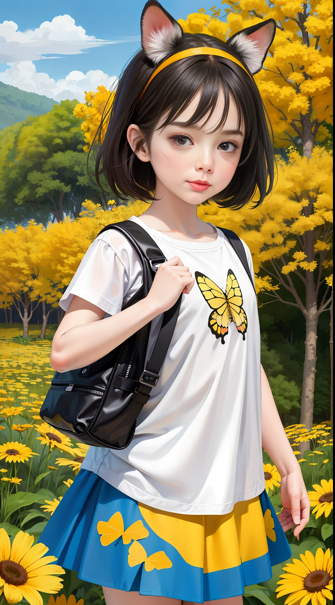 A charming little girl carrying a backpack and her cute little dog enjoying a cute spring outing surrounded by beautiful yellow flowers and natural scenery. The illustration is a high-definition illustration in 4K resolution with highly detailed facial features and cartoon-style visuals, (butterfly dance) 123456