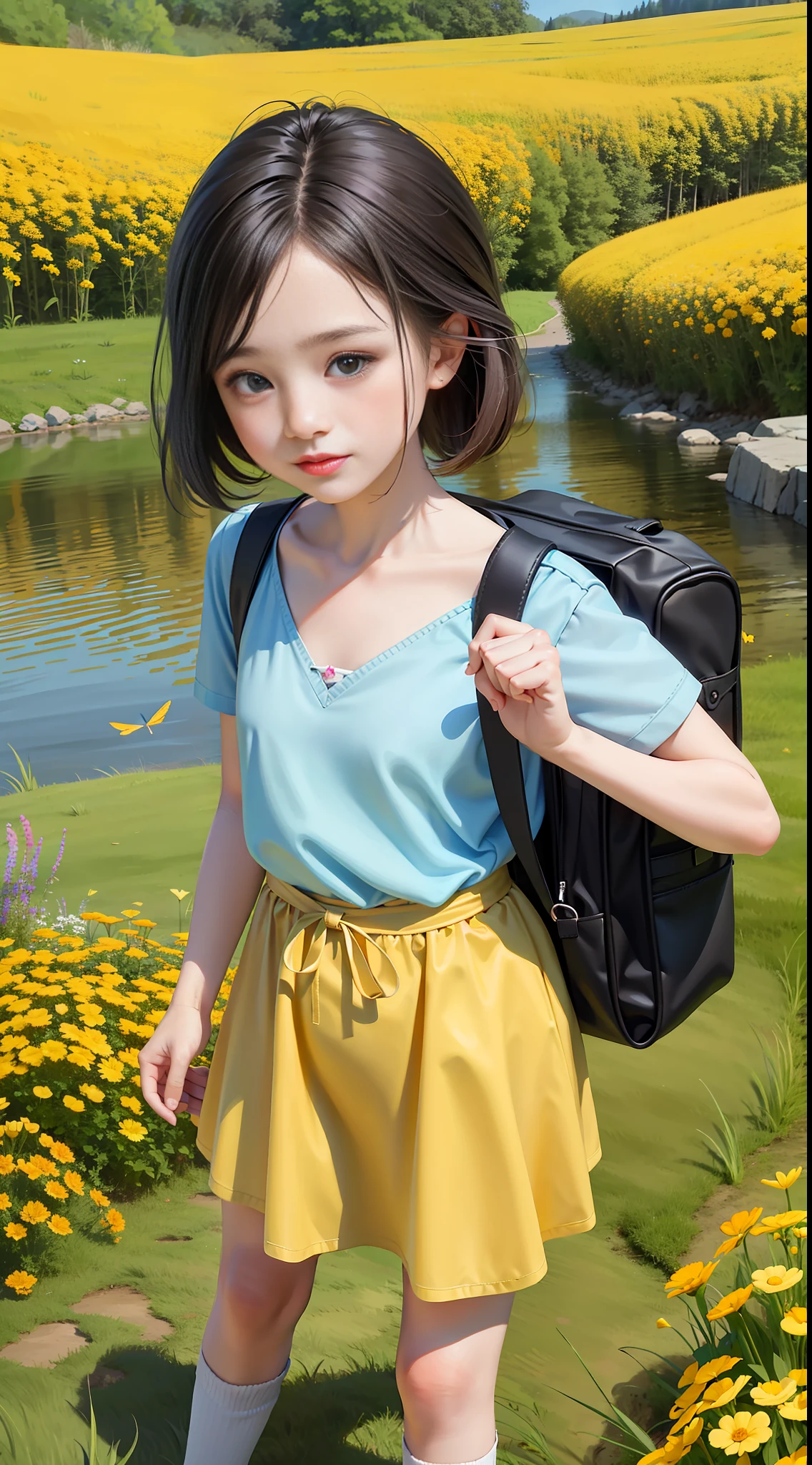 A charming little girl carrying a backpack and her cute little dog enjoying a cute spring outing surrounded by beautiful yellow flowers and natural scenery. The illustration is a high-definition illustration in 4K resolution with highly detailed facial features and cartoon-style visuals, (butterfly dance) 123456