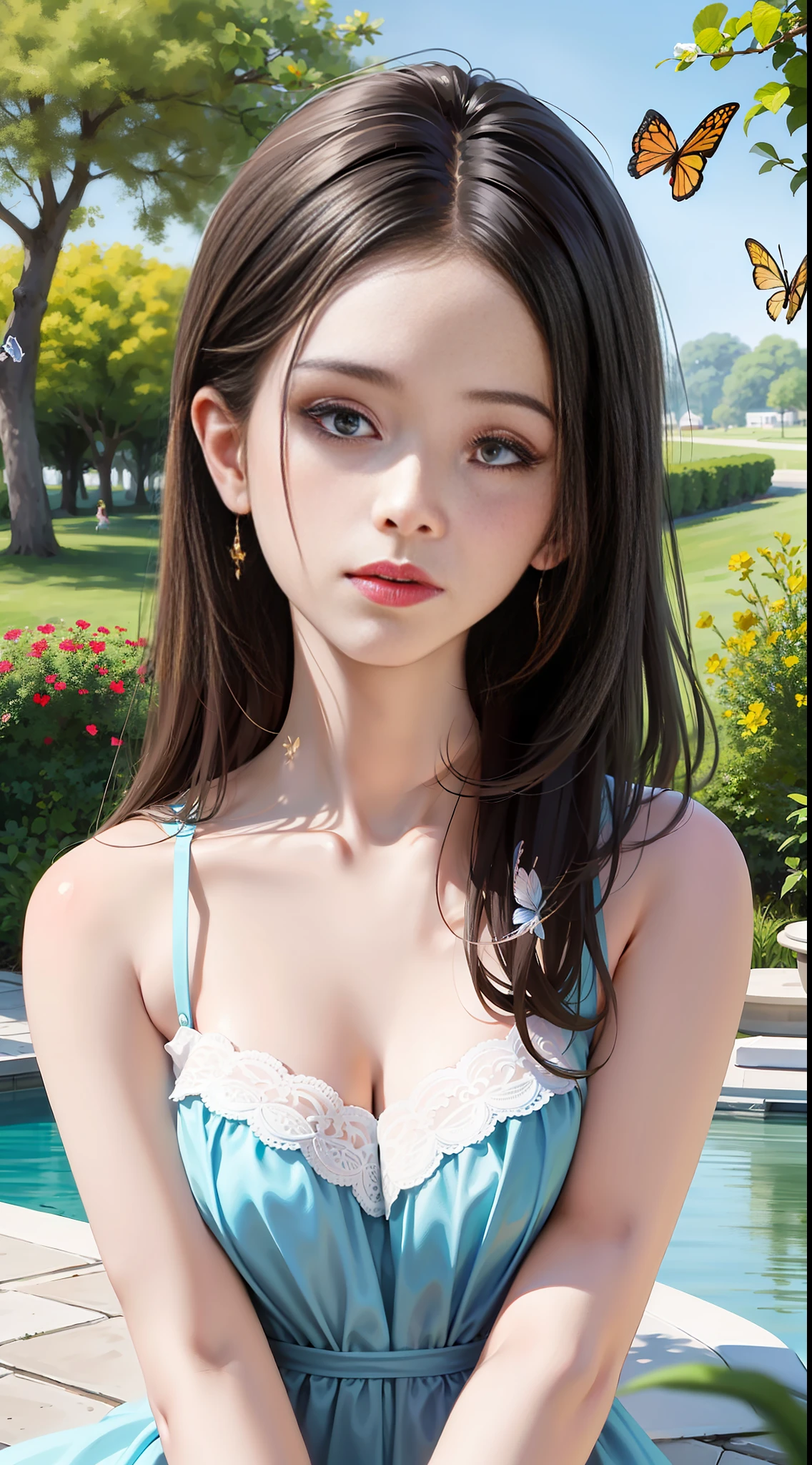 (best quality, masterpiece, ultra-realistic), portrait of 1 beautiful and delicate girl, with a soft and peaceful expression, the background scenery is a garden with flowering bushes and butterflies flying around.