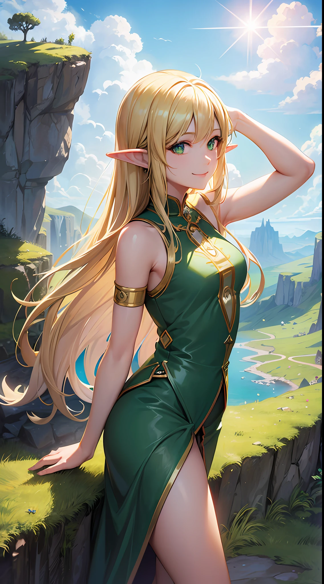 masterpiece, best quality, ultra detailed, fantasy, fish-eye lens, lens flare, smile, solo, elf girl, long hair, blonde, green eyes, pointy ears, small breasts, white national dress, standing on cliff edge, vast sky scenery, atmospheric, cloud,
