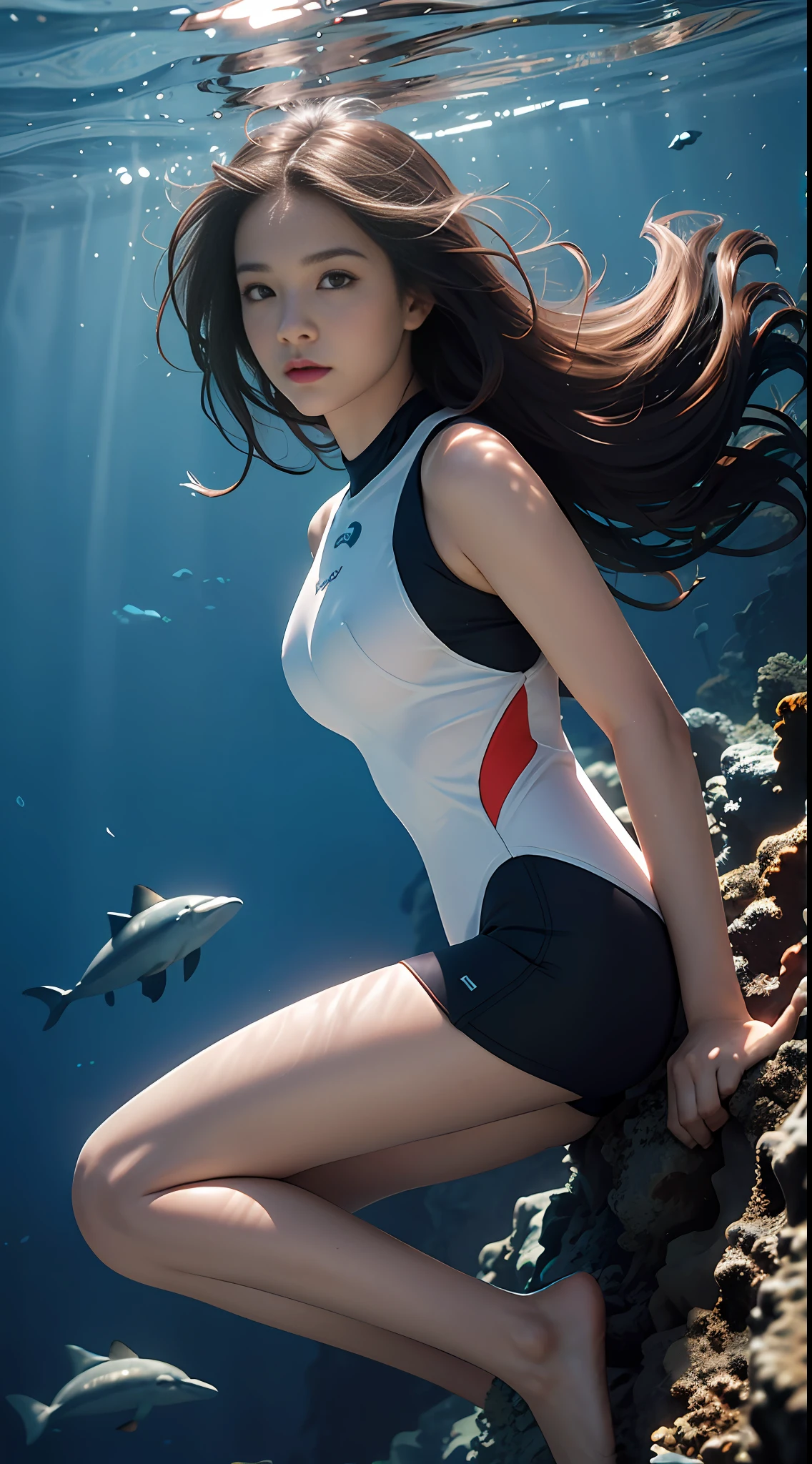 deep sea, coral reef, freediving, white wetsuit, night diving, moonlight, weightlessness, ((highest quality, 8k, masterpiece: 1.3)), low angle, backlit, single woman, longhair, swim with dolphins, underwater photography, underwater perspective, underwater floating, sleeveless