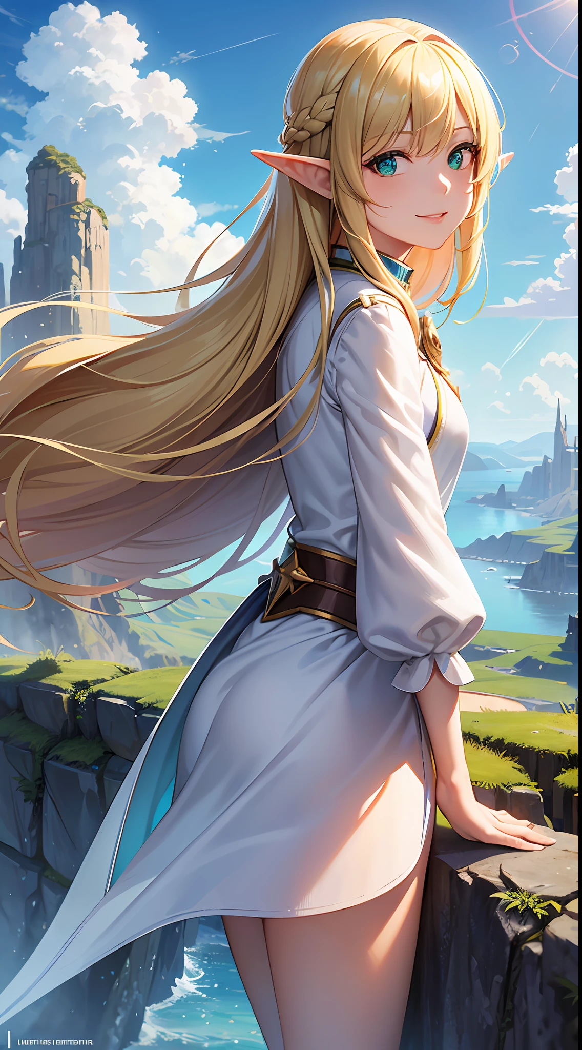 masterpiece, best quality, ultra detailed, fantasy, fish-eye lens, lens flare, smile, solo, elf girl, long hair, blonde, green eyes, pointy ears, small breasts, white national dress, standing on cliff edge, vast sky scenery, atmospheric, cloud,