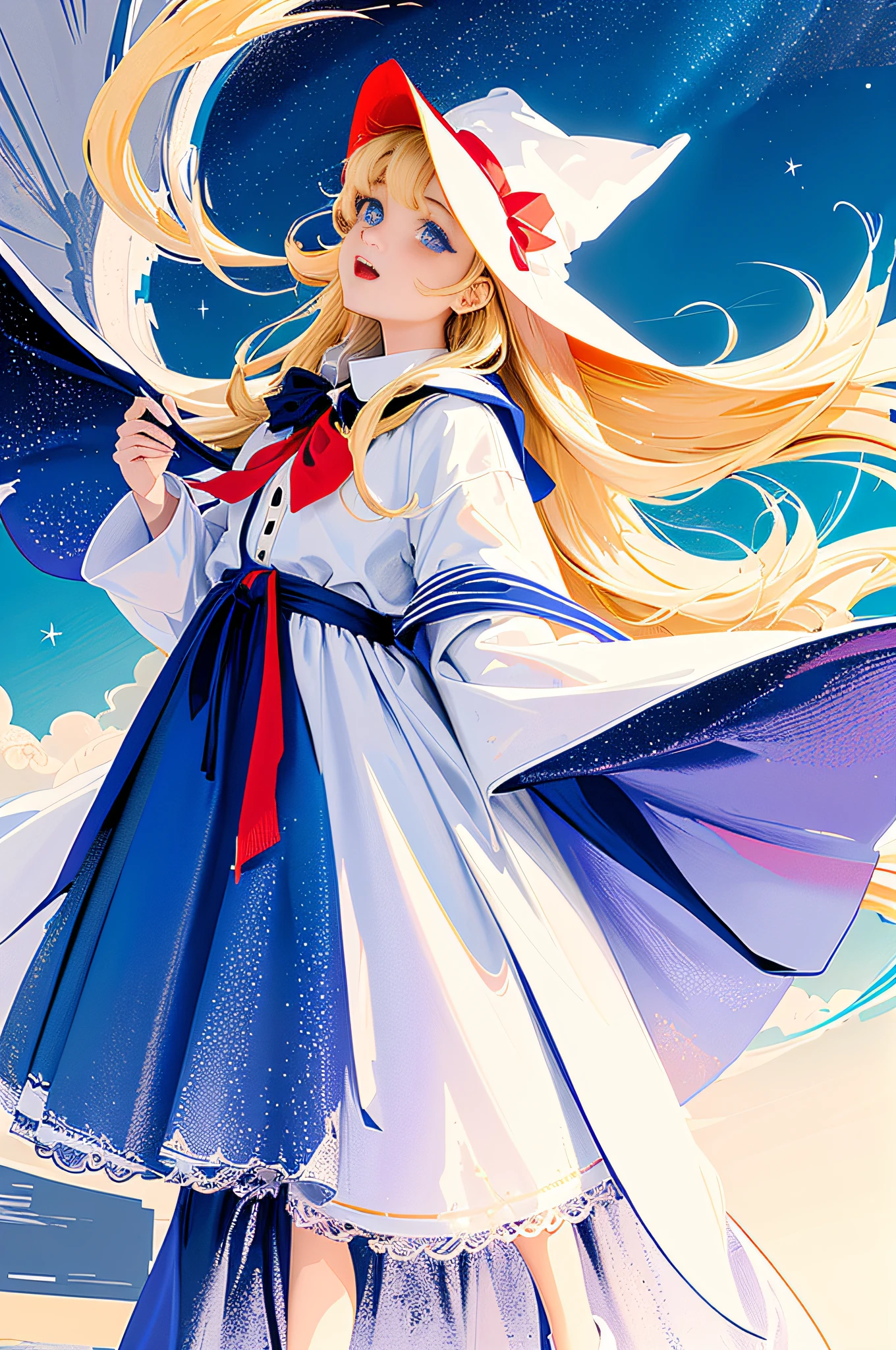 ((masterpiece:1.2, best quality)), 1girl, solo, (witch hat), blonde, long hair, skirt, aurora, night, stars (sky), sky, white dress, night sky, open mouth, starry sky, blue eyes, ribbon, long hair, red dress, smile, headband, cape, tarot card style