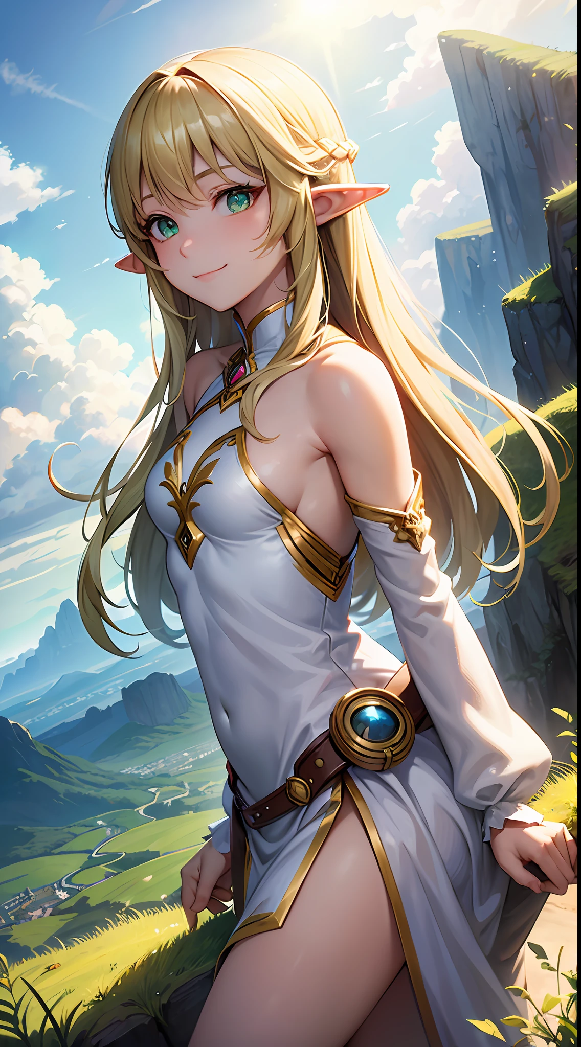 masterpiece, best quality, ultra detailed, fantasy, fish-eye lens, lens flare, smile, solo, elf girl, long hair, blonde, green eyes, pointy ears, small breasts, white national dress, standing on cliff edge, vast sky scenery, atmospheric, cloud,