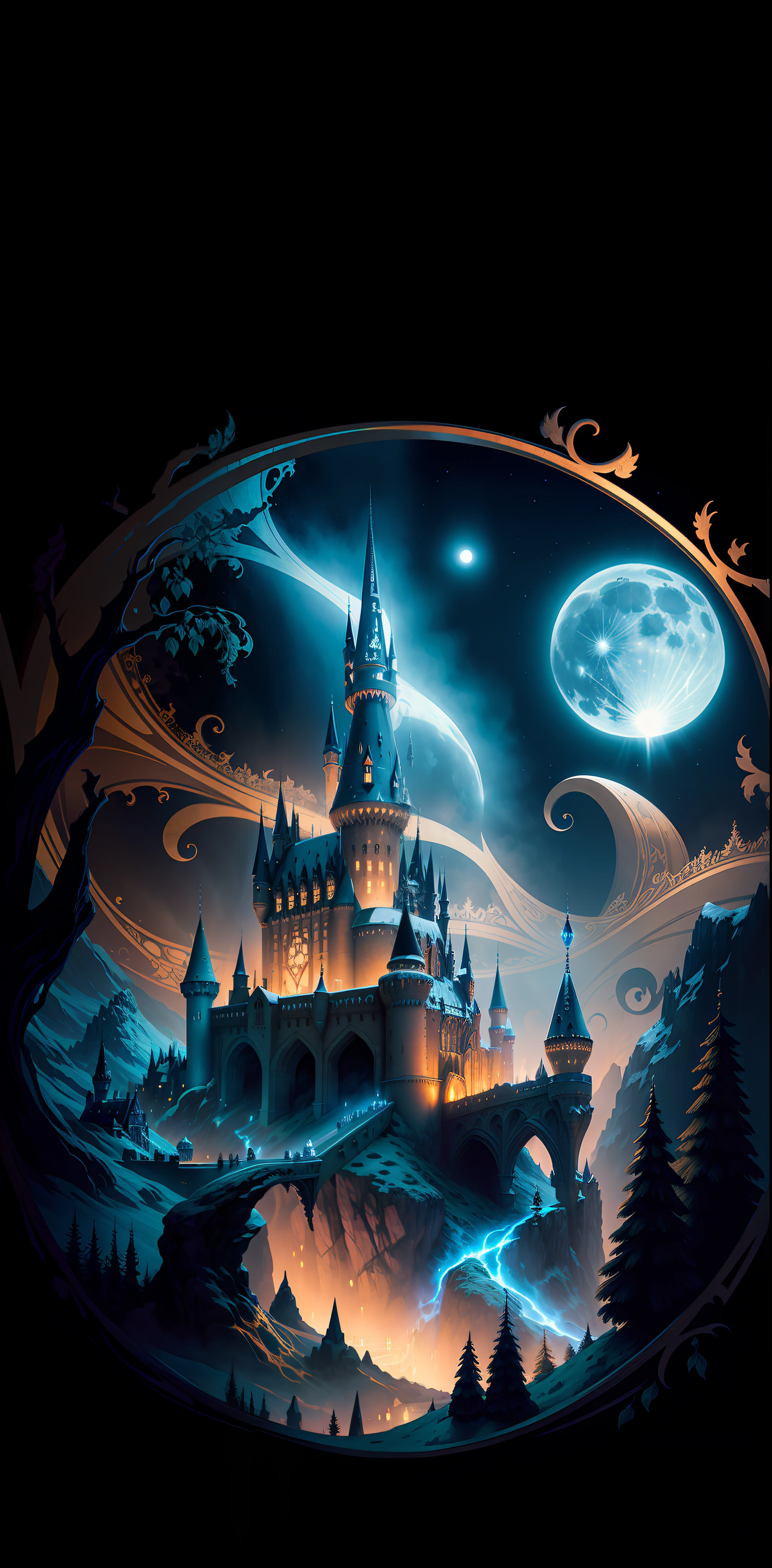 A masterpiece, a castle poster with a full moon in the background, viewed from a cave, with a solid black background above and below. Close shots with lakes, reflections, detailed paintings inspired by gaston bussiere, shutterstock, fantasy art, magic light and shadows, beams of artifacts. Enchanted castles, enchanted backgrounds, Harry Potter art, highly detailed magical fantasy, scary castles)). mystical, background hogwarts, hogwarts setting, magic castle school on the hill, fairytale painting, magical composition, night scene