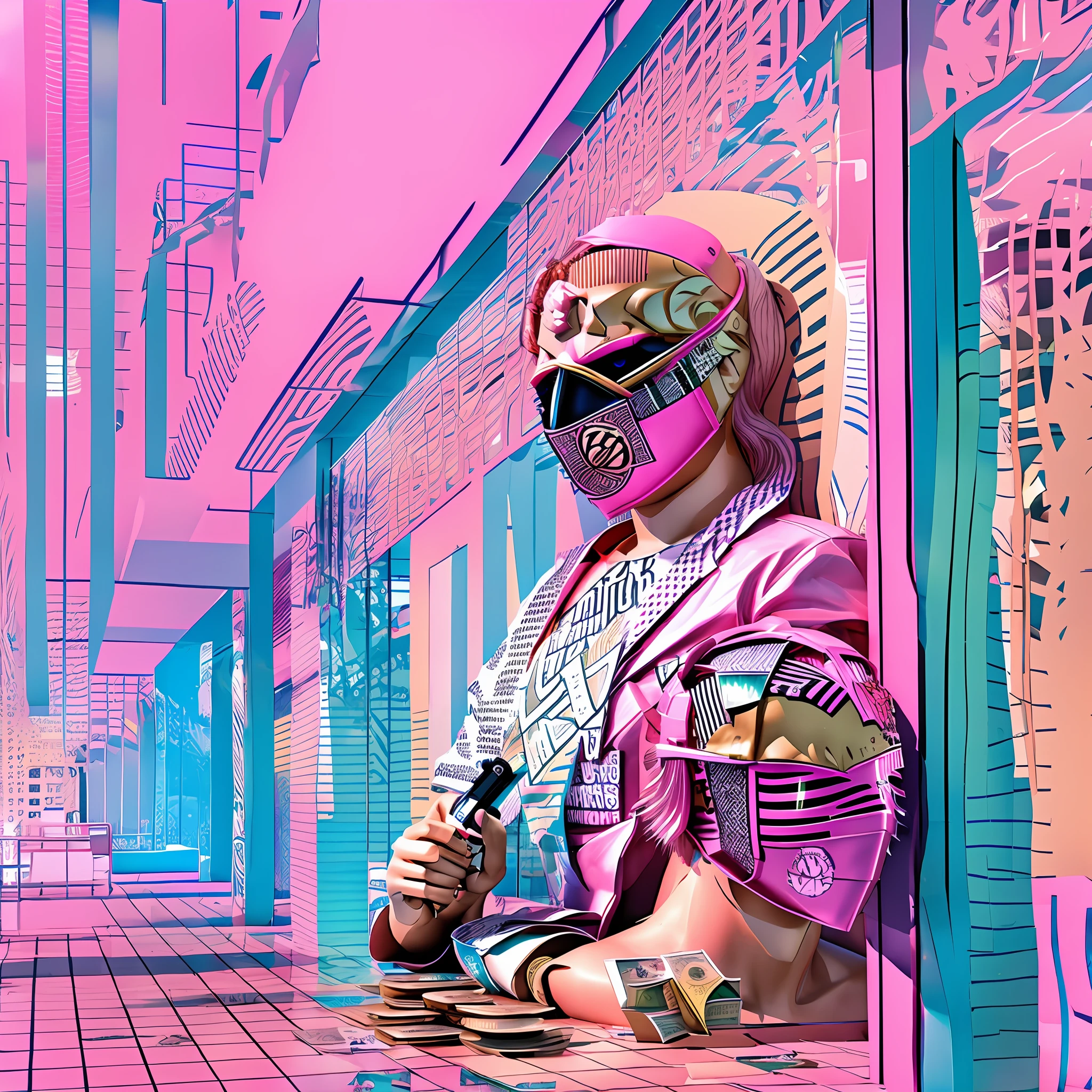 Pink bandit mask, miami city, gun, money