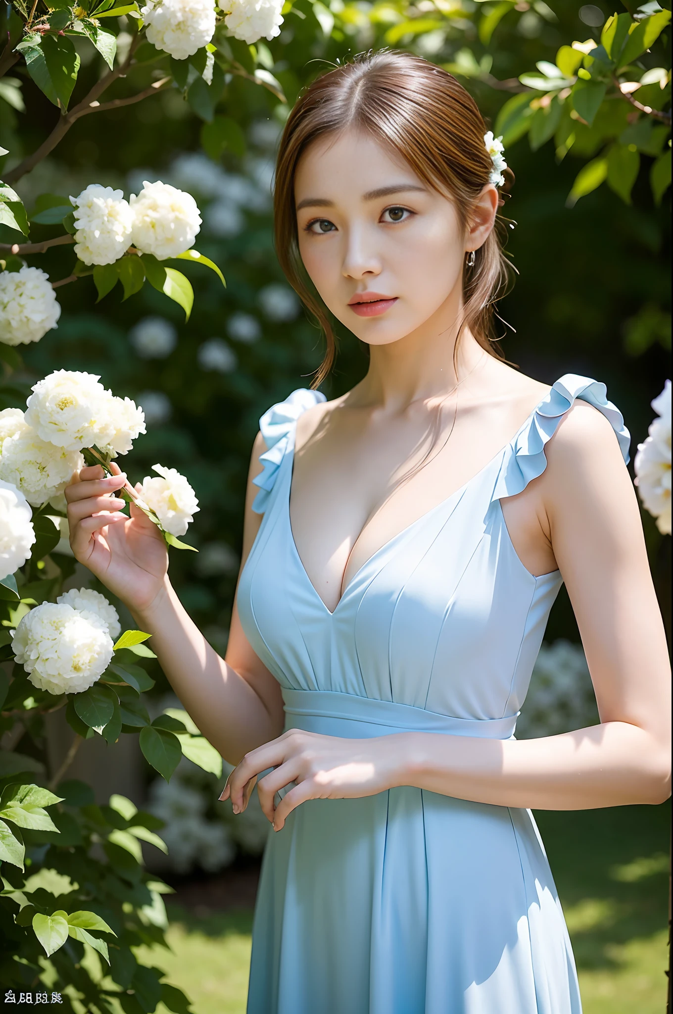 (Best quality, masterpiece: 1.2), portrait, breasts, outdoors, a 25-year-old woman named Yiping in the garden: 2, white thin summer long dress, light blue flowers in the background mess: 1.3) Same character, different costume, different angle, backlight: 1.5, rich skin details: 1.5,