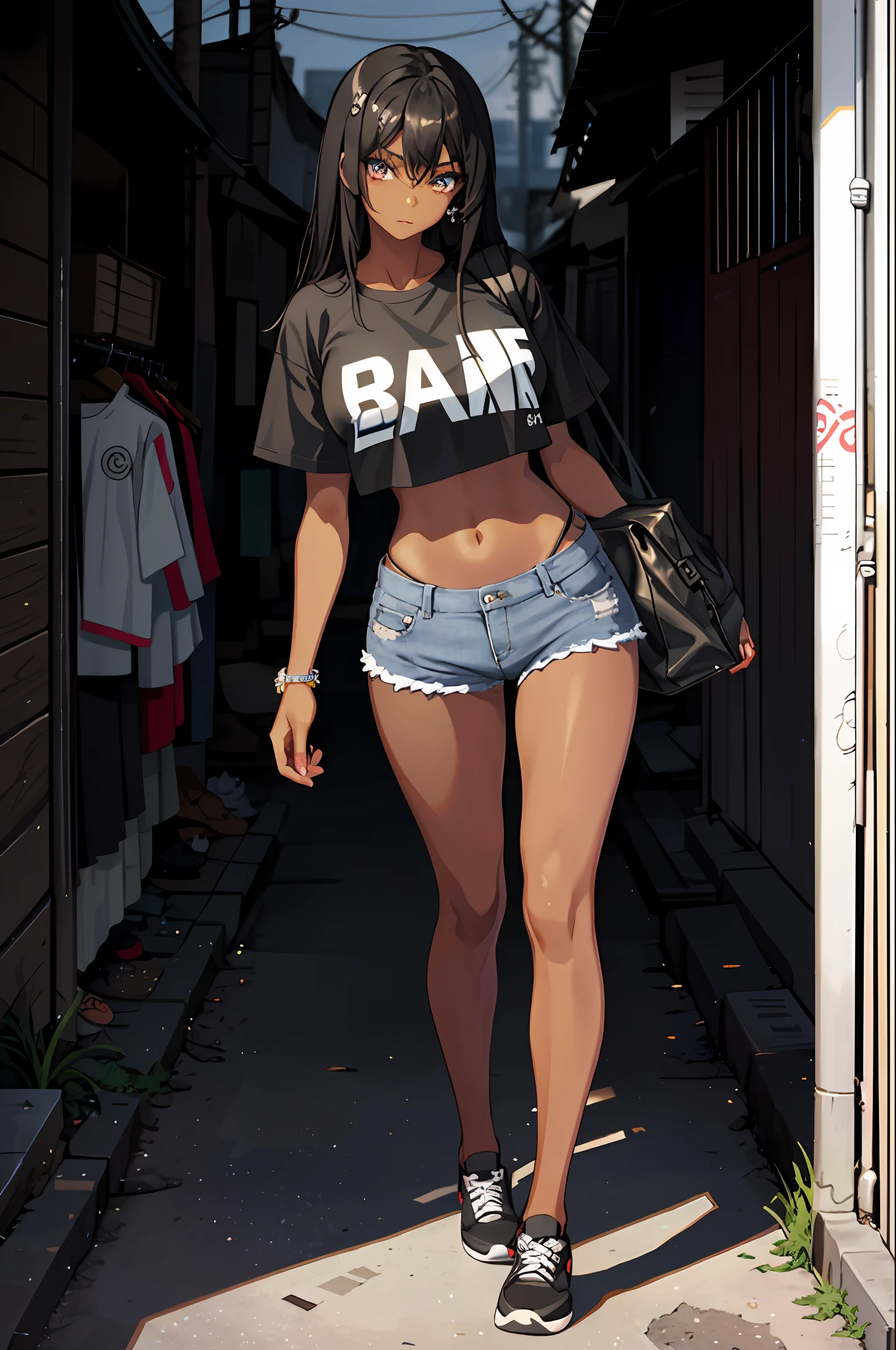 1girl, masterpiece, best_quality, Dark-skinned_female, black hair,_eyes, black_eyes, large_breasts, Gyaru, Make up, Shorts, denim_shorts, crop_top, navel, midriff, toned, walking in slum (abs:0.8),