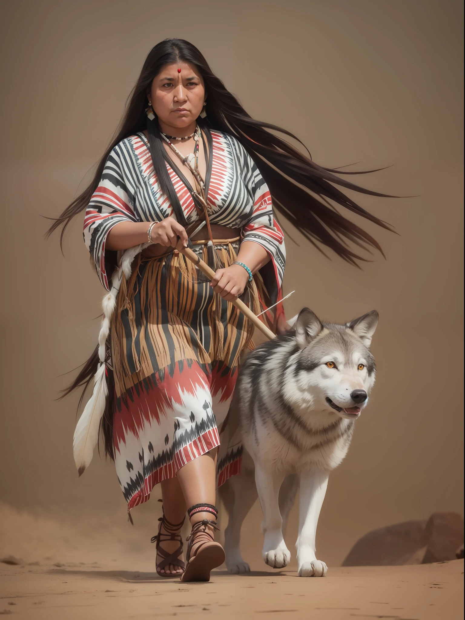Native American Cherokee, woman, ugly face, ((fat)), traditional Cherokee dress, ((dark skin)), emphasizing movement and emotions, walking, holding a staff, wolf on the side