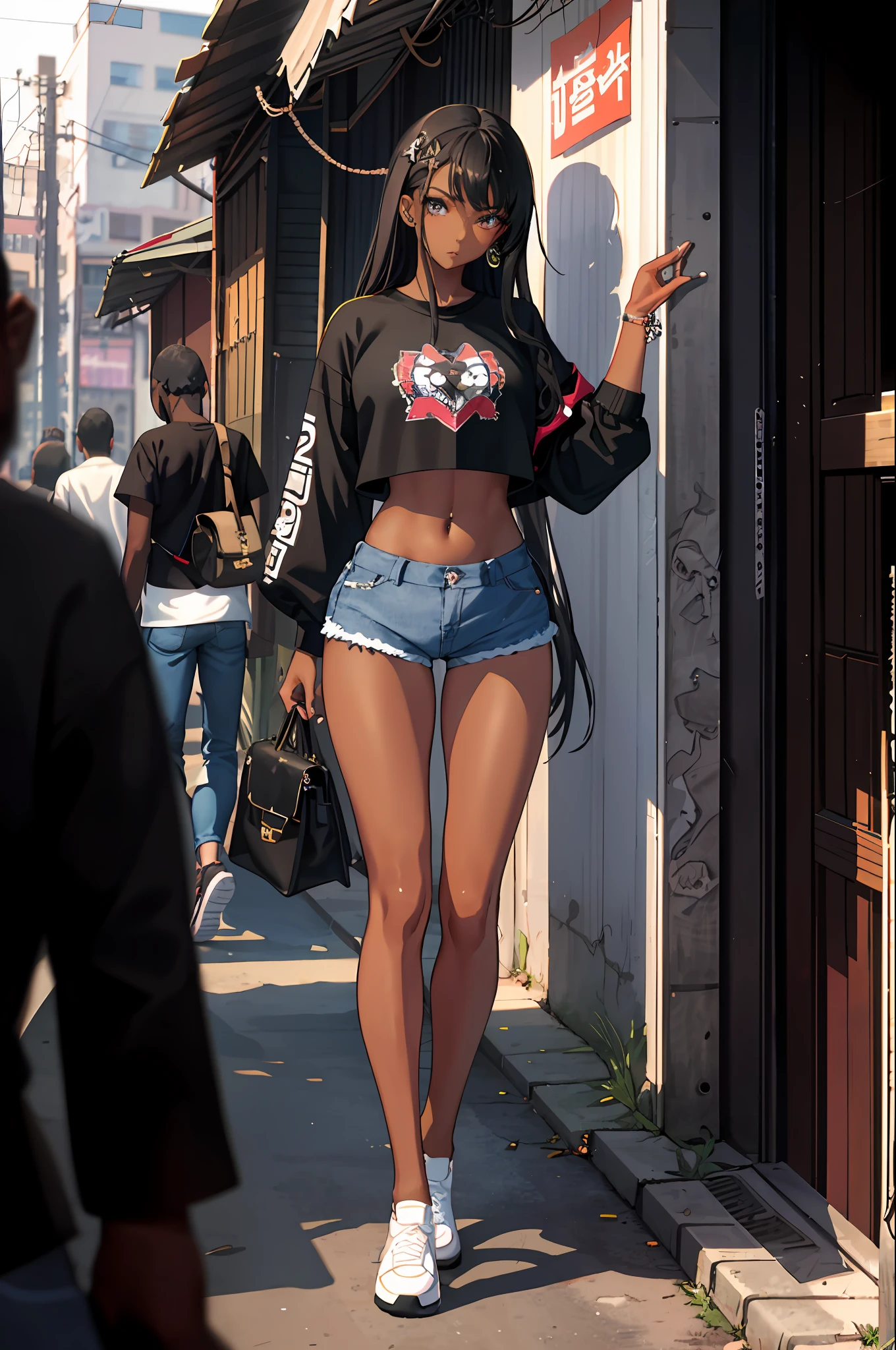 1girl, masterpiece, best_quality, Dark-skinned_female, black hair,_eyes, black_eyes, large_breasts, Gyaru, Make up, Shorts, denim_shorts, crop_top, navel, midriff, toned, walking in slum (abs:0.8),