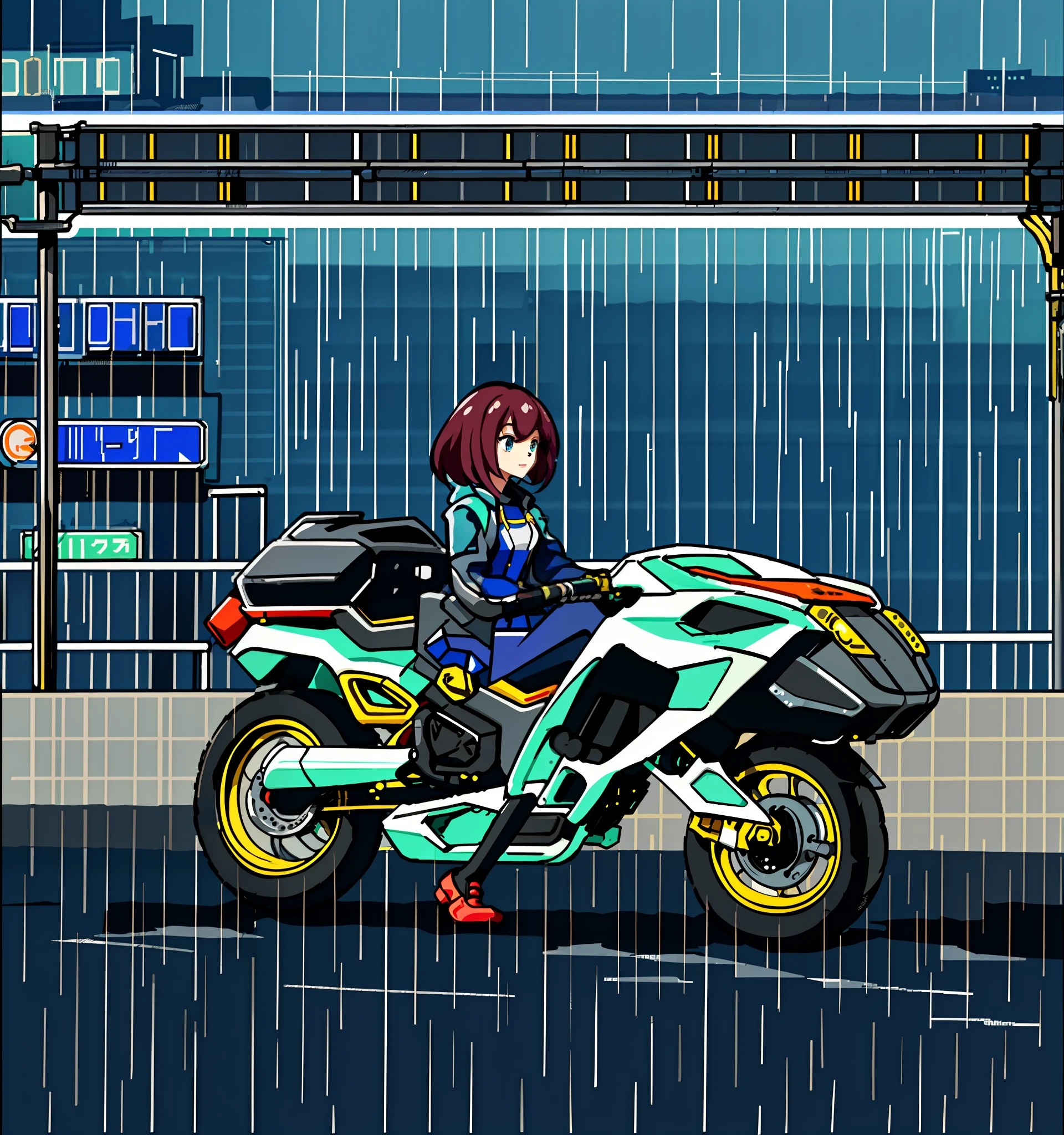 1girl, dress, jacket, rain, ground vehicle, mecha, motor vehicle, motorcycle, on motorcycle, vehicle focus, wheel, night, road, street, rain, city, puddles, Masterpiece, best quality , pixel, pixelart