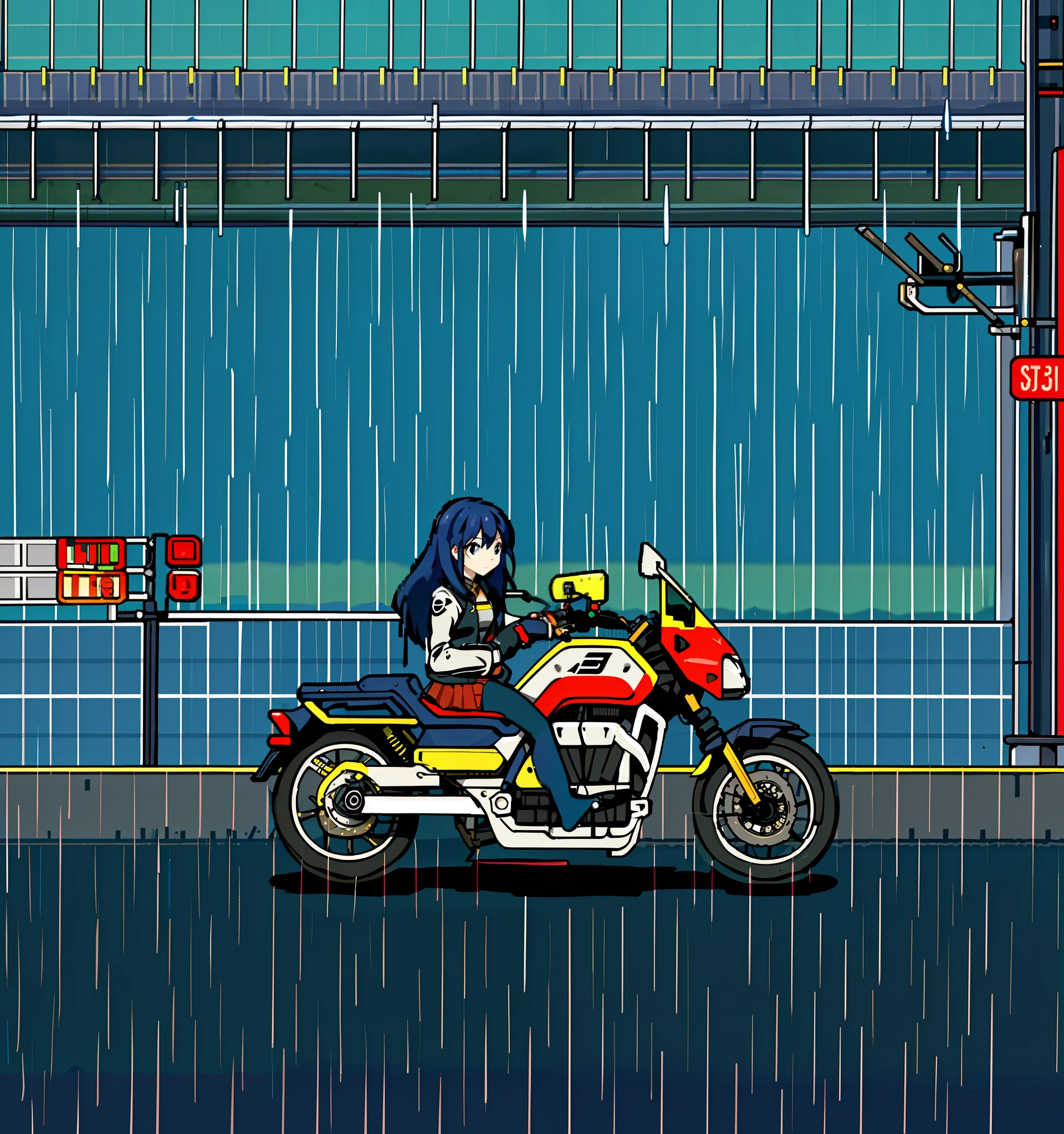 1girl, dress, jacket, rain, ground vehicle, mecha, motor vehicle, motorcycle, on motorcycle, vehicle focus, wheel, night, road, street, rain, city, puddles, Masterpiece, best quality , pixel, pixelart