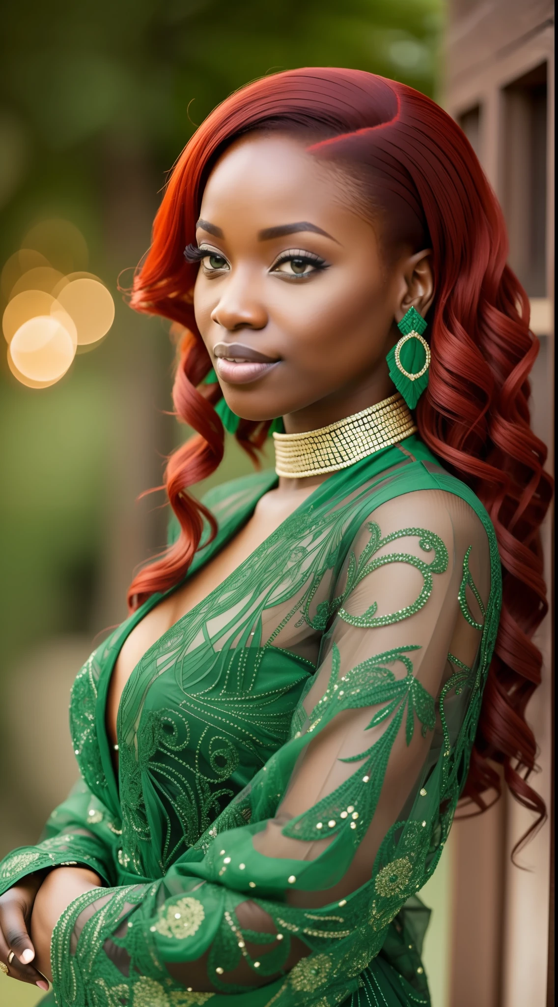 A black woman with red hair and light green eyes, wearing elegant party clothes, intricate details, low key