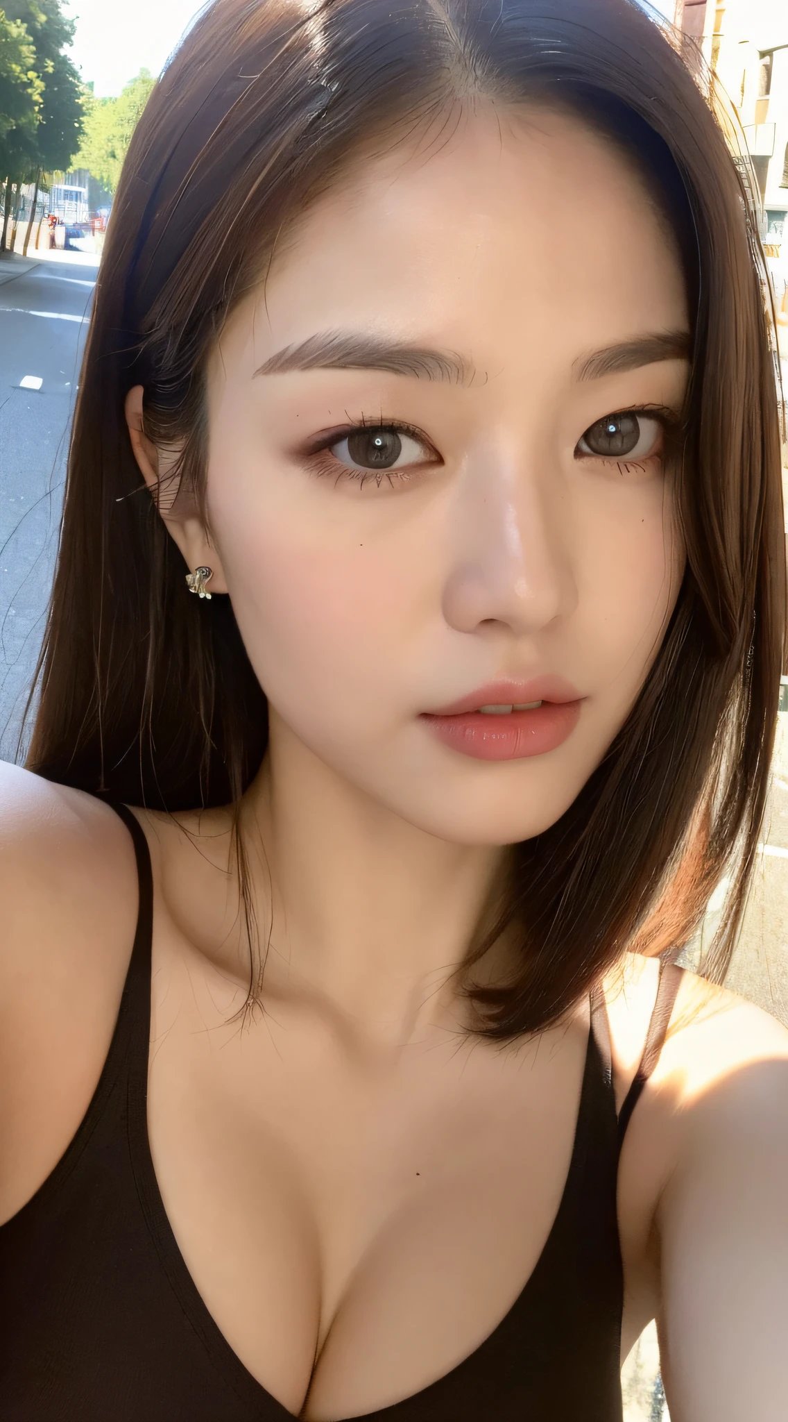 ((Best quality, 8k, Masterpiece :1.3)), Sharp focus :1.2, A pretty woman with perfect figure :1.4, Slender abs :1.2, ((Dark brown hair, Big breasts :1.2)), (Natural light, City street:1.1), Highly detailed face and skin texture, Detailed eyes, Double eyelid
