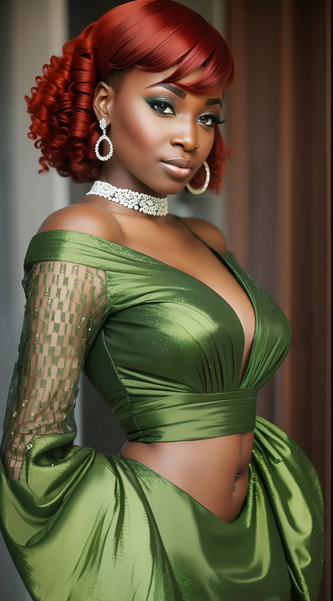 A black woman with red hair and light green eyes, wearing elegant party clothes, intricate details, low key