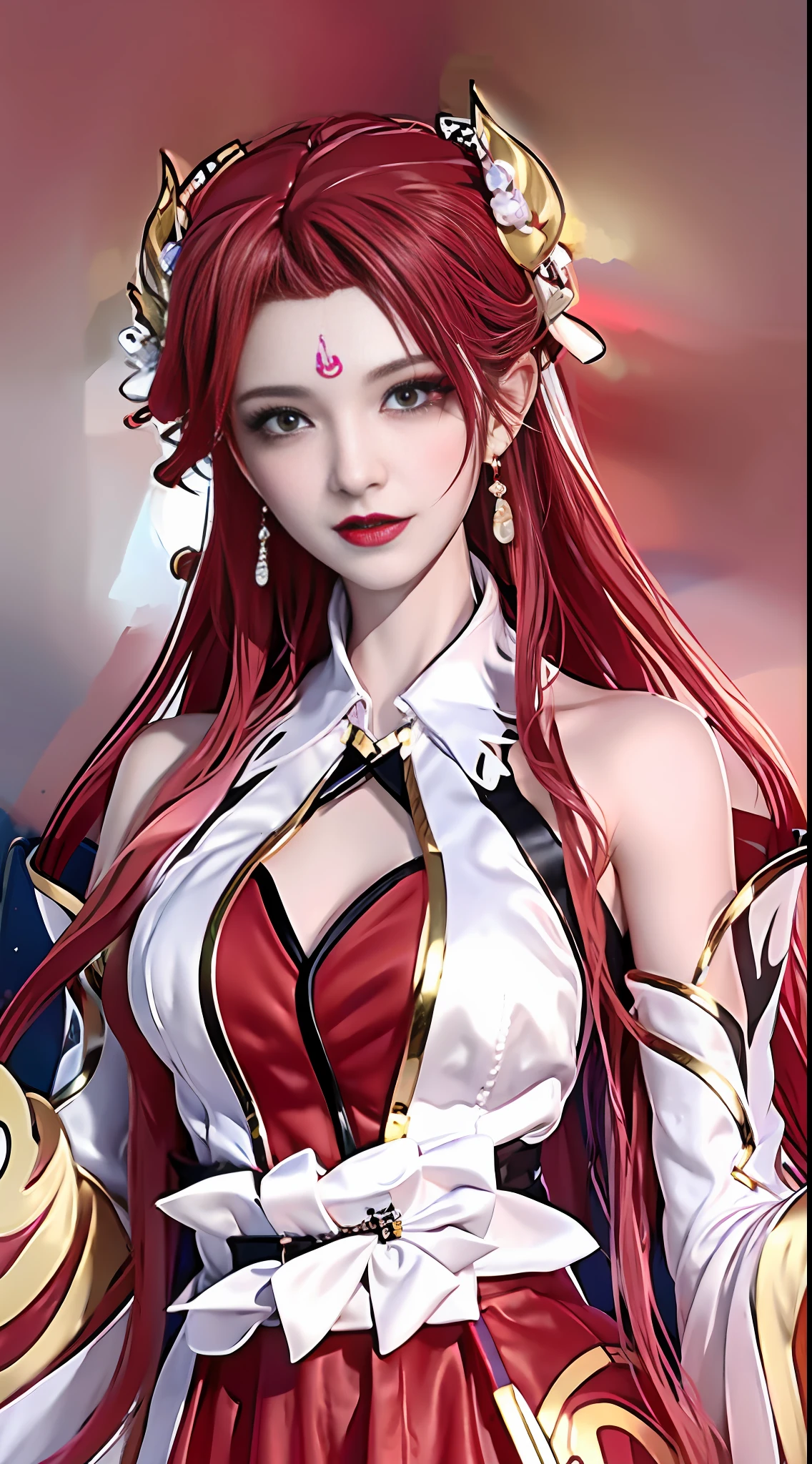 Girl young and beautiful tall beautiful fair facial features perfect facial features tall beautiful skin fair body good heroic sassy wearing ancient Chinese armor female will Chinese landscape background standing at the top of the mountain, 500 years ago, starry night, realistic, detailed, 8k, mix4, red_dress, starry sky, fire, red hair, solo, hair ornament, long hair, red eyes, jewelry, earrings, skirt, bare shoulders, red lips, upper body, background starry sky, face mark, crescent moon, lipstick, forehead mark, looking at the audience