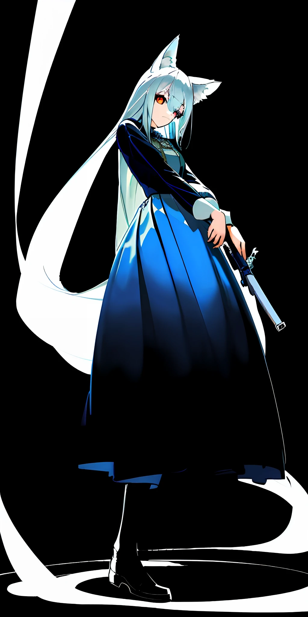 ((((masterpiece)))), high quality, very_high_resolution, large_filesize, full color, flat color, flat shading, fox ears, cool weapon, pose in motion, pretty girl, white hair