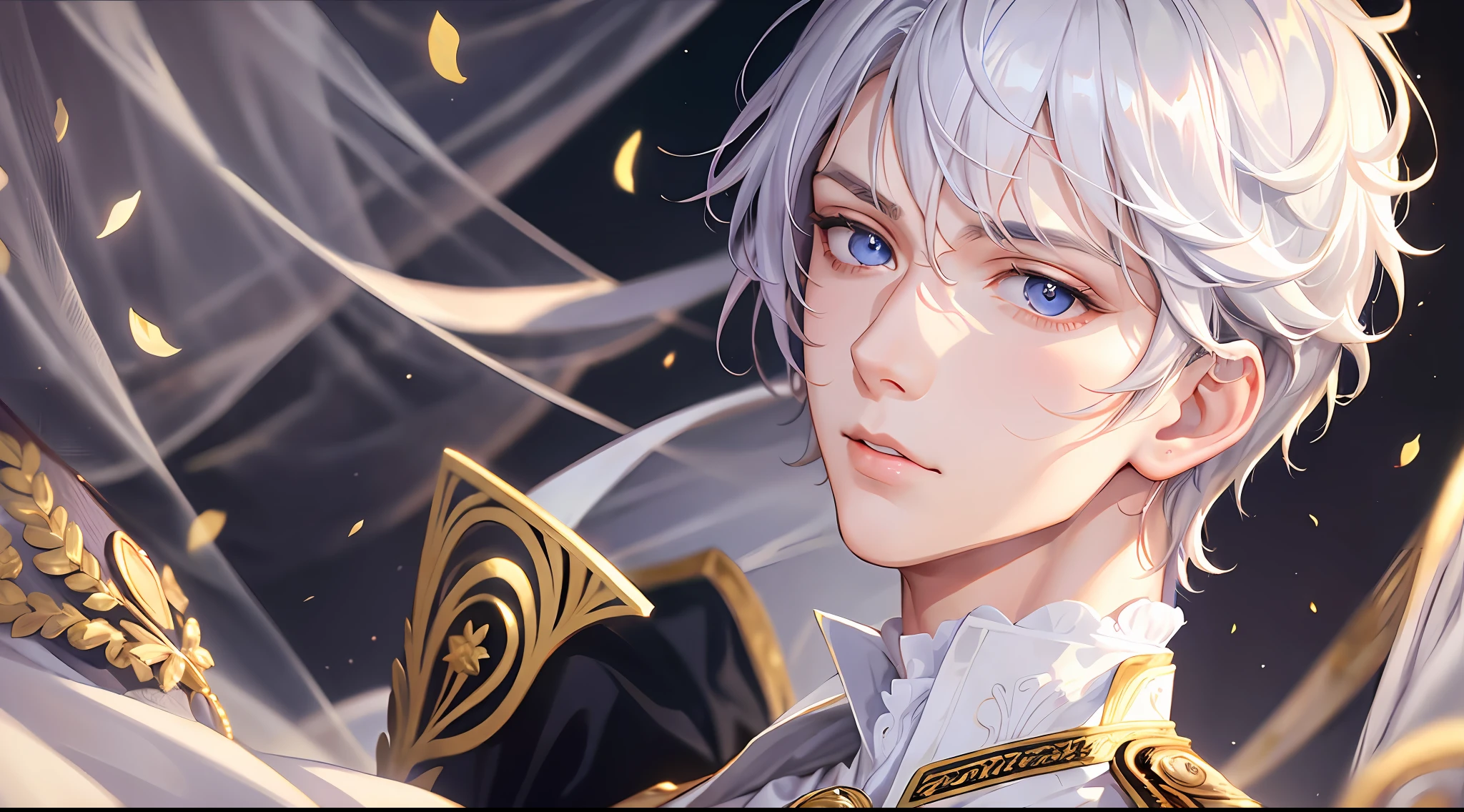Prince, Young Man, Male, 1boy, Mature Male, Manly, portraying delicate eyes, Opal eyes, depicting delicate facial features, white uniform, white gloves, aristocratic dress, ribbon, medallion, extreme detail, delicate depiction, royalty, elegant, noble, royal dress, depth of field effect, background is palace, dramatic composition, dynamic pose, look at the camera